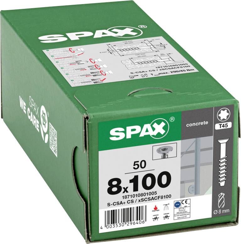 Grüne SPAX-Schraubenbox mit der Bezeichnung „8x100