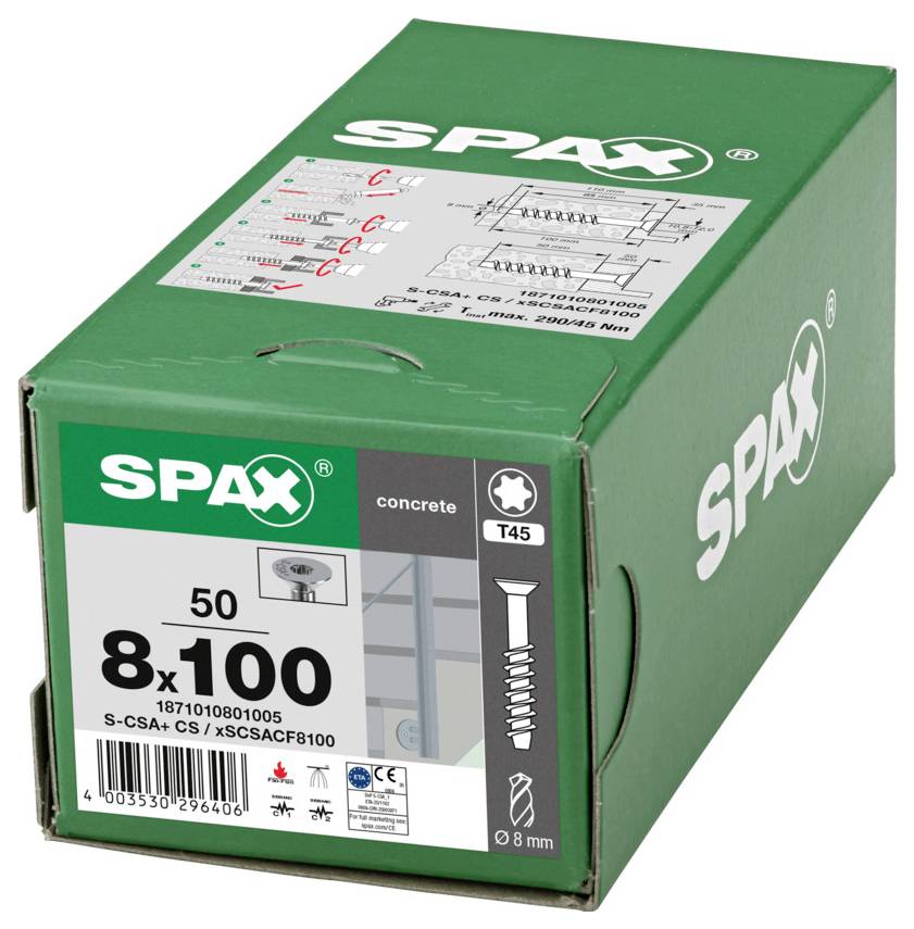 Grüne SPAX-Schraubenbox mit der Beschriftung „Beton" und „T45", zeigt 8x100-Schrauben, Menge 50, für die Verwendung in Beton mit einem 8-mm-Bohrer.