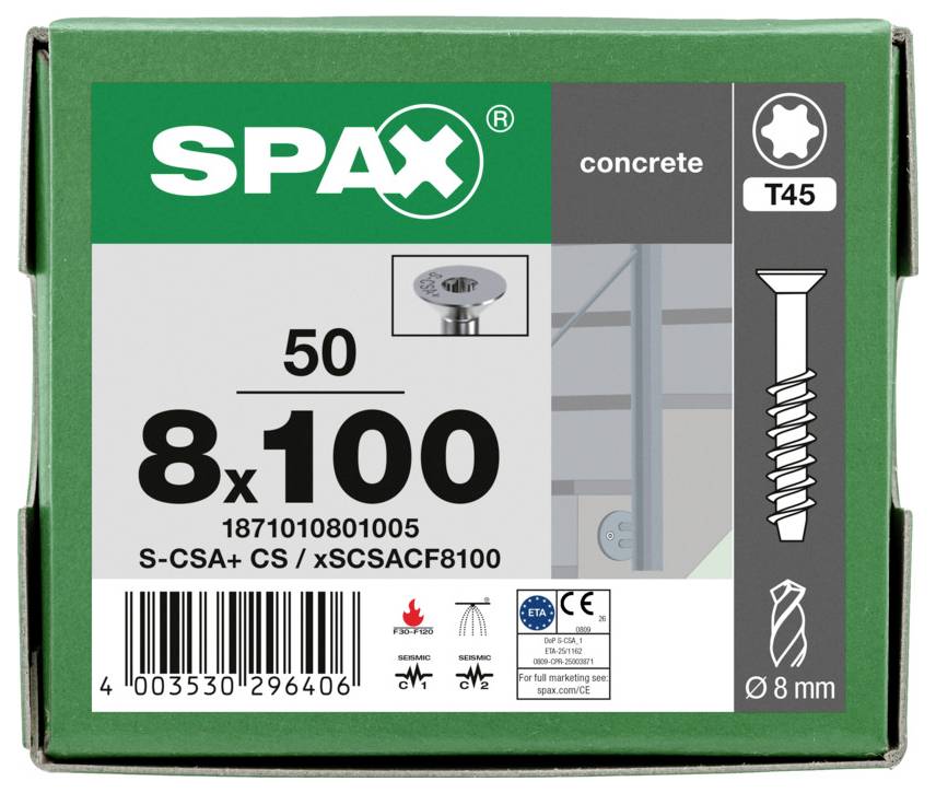 SPAX Betonschraube Packung mit Bezeichnung T45, 8x100, 50 Stück, mit Schraubenabbildung und Barcode.