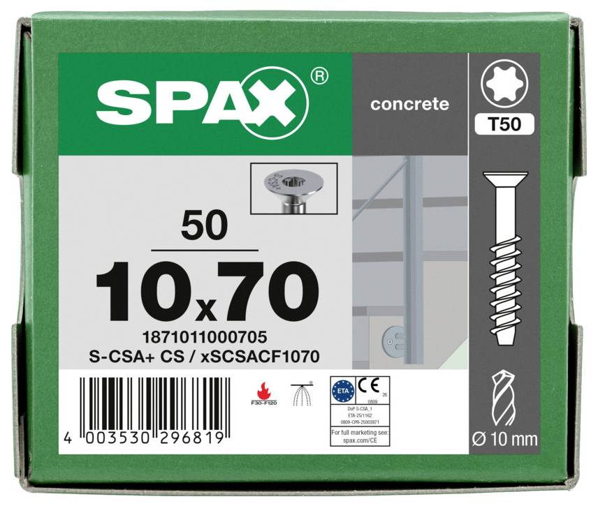 SPAX Betonschraube Karton gekennzeichnet 10x70, T50, 50 Stück, mit Schraubenabbildung und Strichcode.