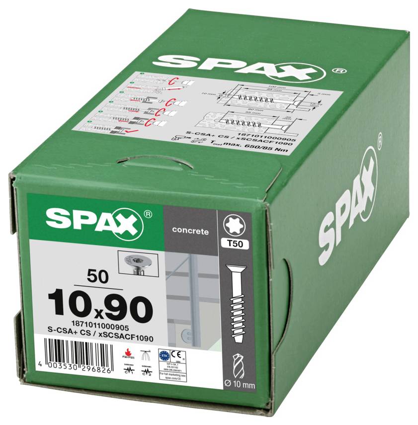 Grüne SPAX-Betonschraube in einer Schachtel mit der Beschriftung „10x90" und „T50", mit Produktdiagramm und Barcode auf der Vorderseite.