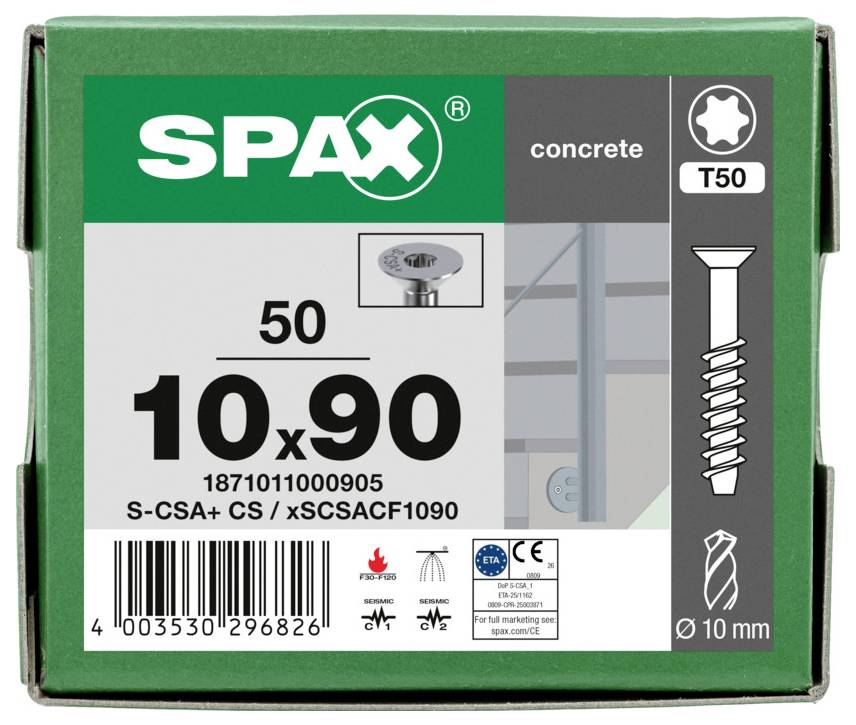 Karton mit SPAX-Betonschrauben, Größe 10x90, Packung mit 50 Stück, mit Produktcode und Symbolen für T50-Bit und 10 mm Durchmesser.