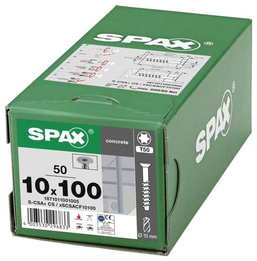 Grüne SPAX-Betonschraube in einer Schachtel mit der Beschriftung „10 x 100" und „T50", abgebildet auf weißem Hintergrund.