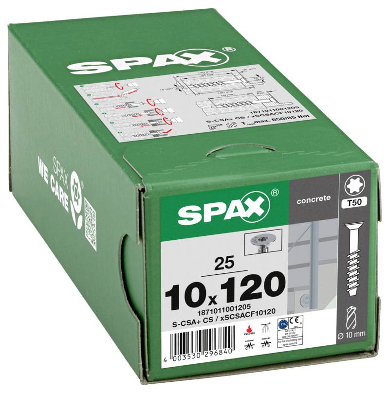 Grüne SPAX-Schraubenbox mit Bezeichnung „10 x 120" für Beton, gekennzeichnet mit T50 und 10 mm, gezeigt in der Produktverpackung.