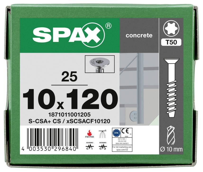 SPAX Betonschrauben Box mit Beschriftung „10 x 120" mit T50 Bit, Menge 25, und 10 mm Durchmesser für Betonverwendung.
