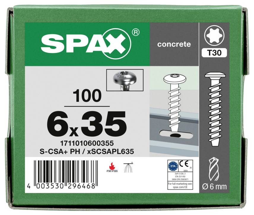 SPAX Betonschraube Box mit Kennzeichnung 6x35, 100 Stück, T30, mit Produktabbildungen und Barcode.