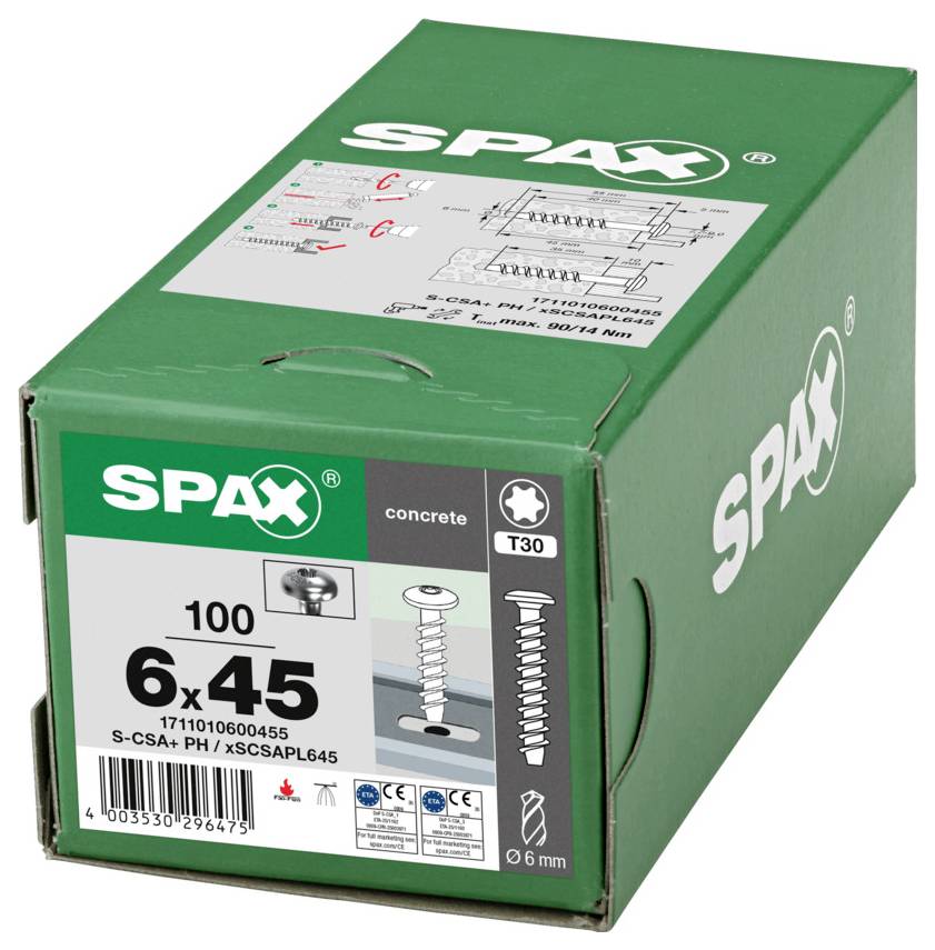 Grüne SPAX-Betonschraube Schachtel mit Bezeichnung 6x45, T30, mit Produktdiagramm und Schraubenabbildung auf der Verpackung.