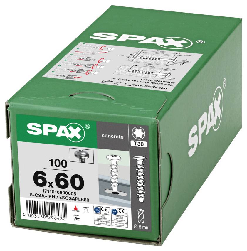 Grüne SPAX-Schraubenbox mit Aufschrift "Beton", T30 und 6x60, auf weißem Hintergrund dargestellt.