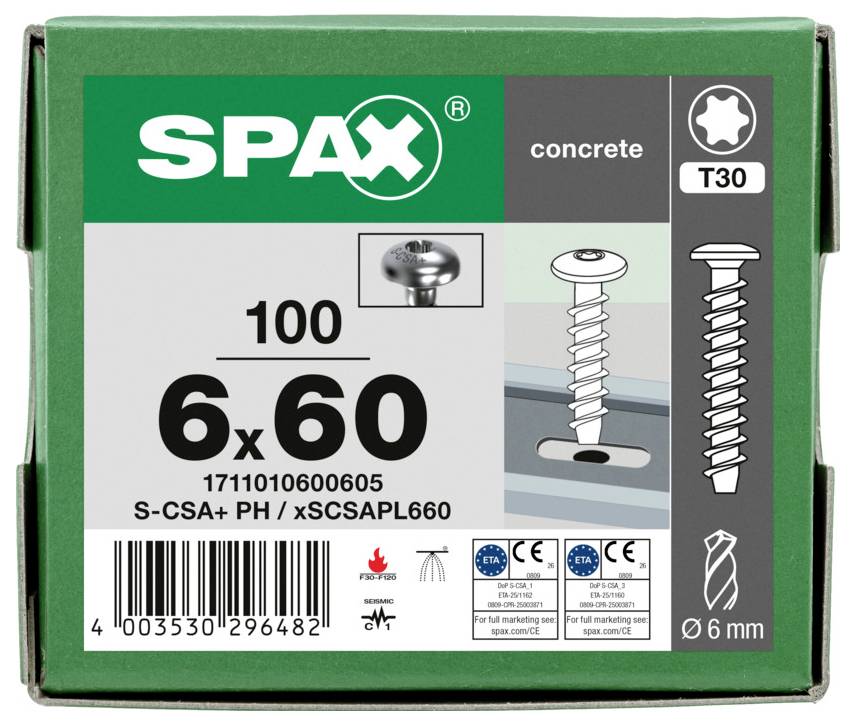 SPAX Karton mit 100 Betonschrauben, Größe 6 x 60 mm, mit Kreuzschlitz und T30 Antriebssymbolen.