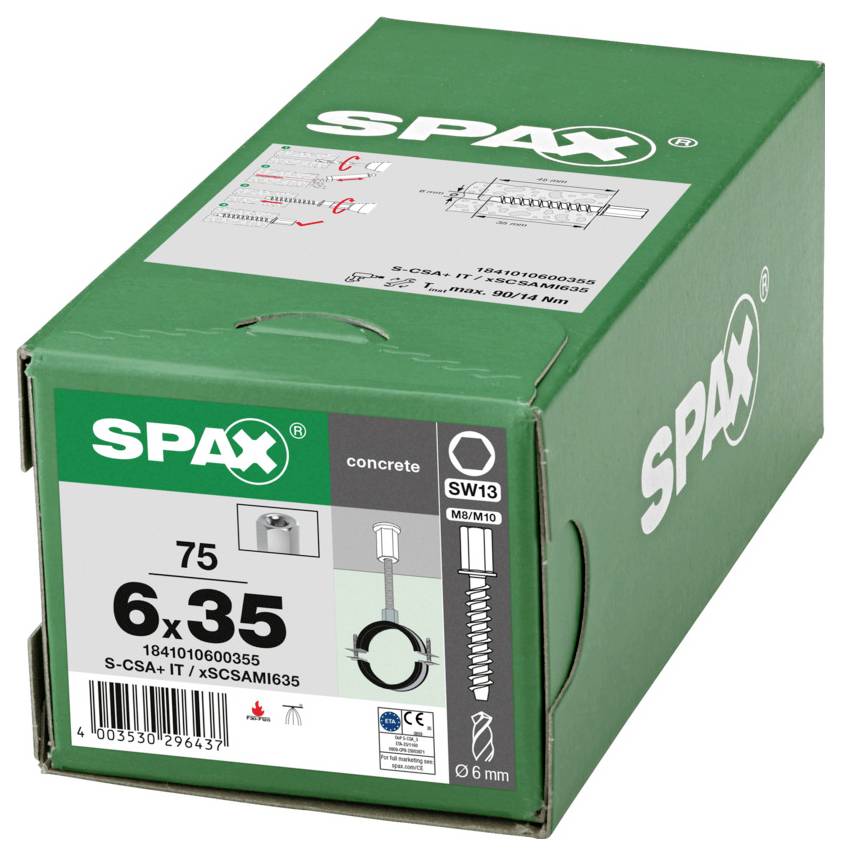 Grüne SPAX-Box für Betonschrauben, beschriftet mit „6x35" und „75", mit Produktdiagramm und Bitgröße „SW13".