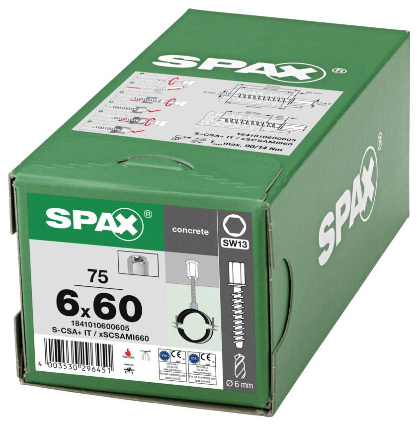 Grüne SPAX-Schachtel mit Betonschrauben, beschriftet mit 6x60 und 'SW13', mit Produktdiagrammen und Größenmarkierungen auf der Vorder- und Oberseite.