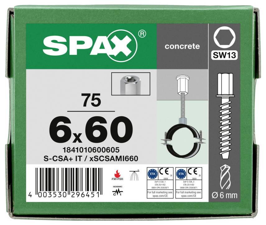 SPAX Betonschraube Karton gekennzeichnet 6x60, SW13, 75 Stück, mit Produktabbildung und Barcode.