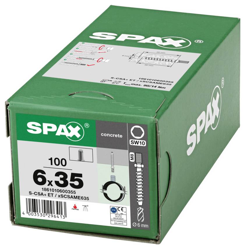 Grüne SPAX-Schraubenbox mit Kennzeichnung "6x35" für Beton, mit Produktdetails und Diagramm auf der Vorderseite.