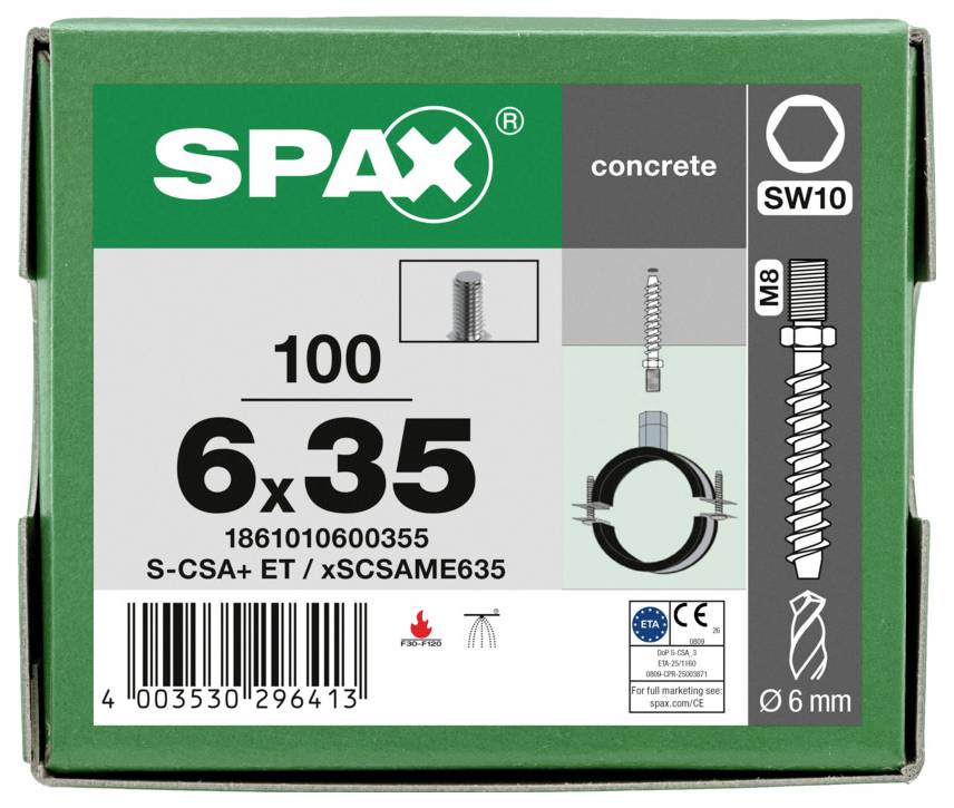 Karton mit SPAX-Betonschrauben, Größe 6 x 35, Packung mit 100 Stück, mit Bohrersymbol und Beschriftungen SW10, M8 und 6 mm.