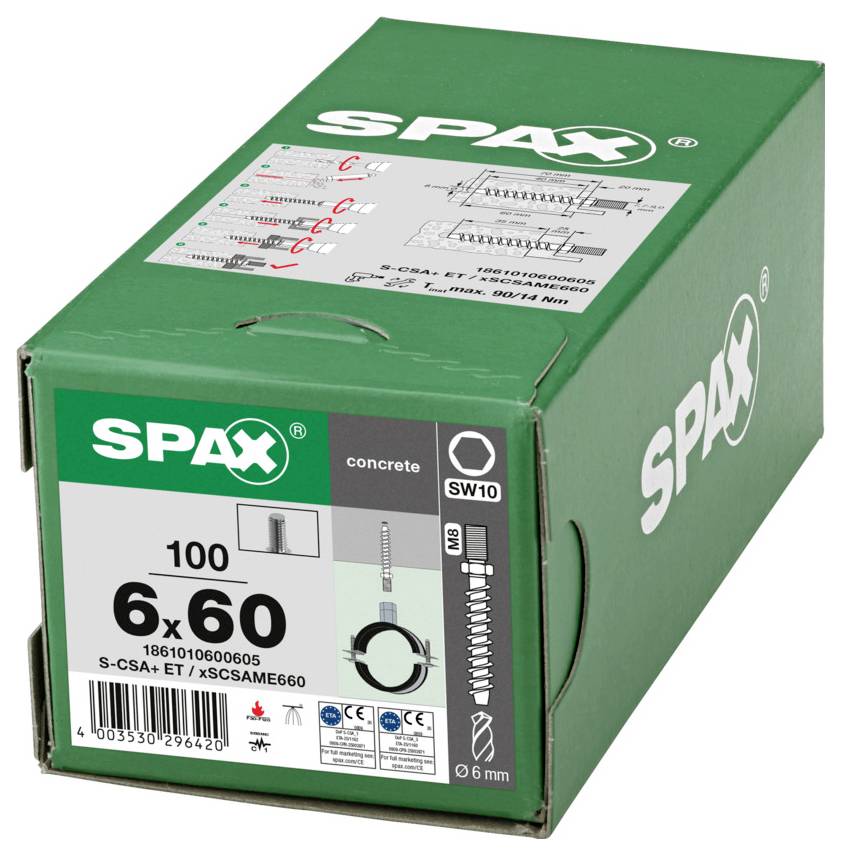 Grüne SPAX-Schachtel mit Betonschrauben, beschriftet mit „6x60" und „100", mit Produktspezifikationen und Bohrloch-Symbolen auf der Vorderseite.