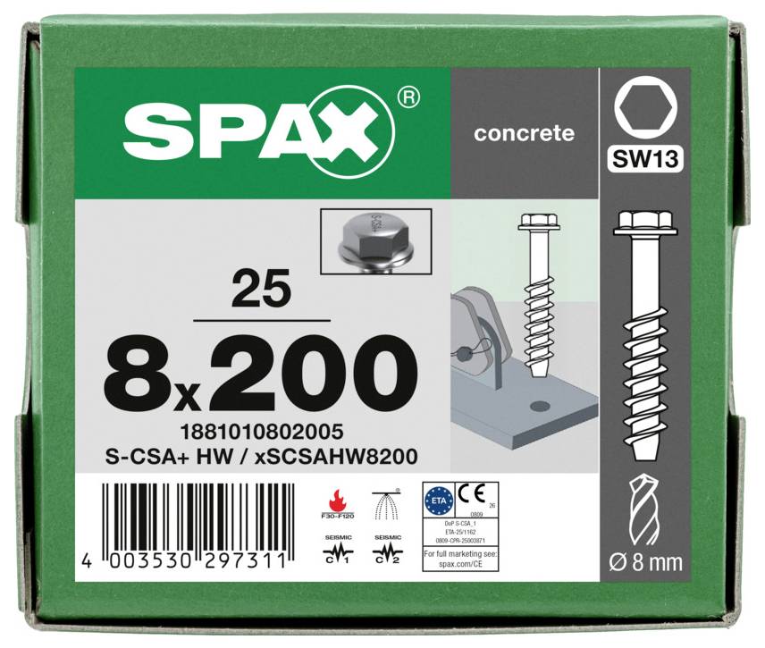 SPAX Betonschrauben Karton mit Bezeichnung SW13, 8x200, mit Produktabbildung und Barcode.