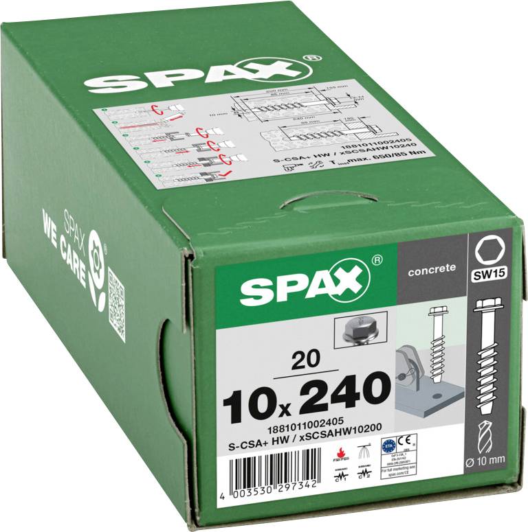 Grüne SPAX-Box mit Betonschrauben mit der Aufschrift 
