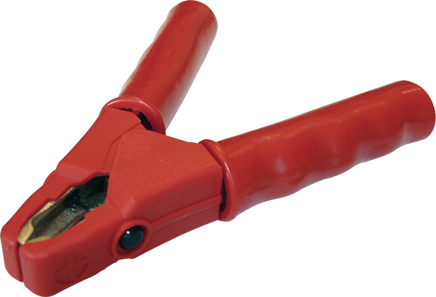 Rotes isoliertes Krokodilklemme mit angebrachtem Griff, dargestellt auf weißem Hintergrund.