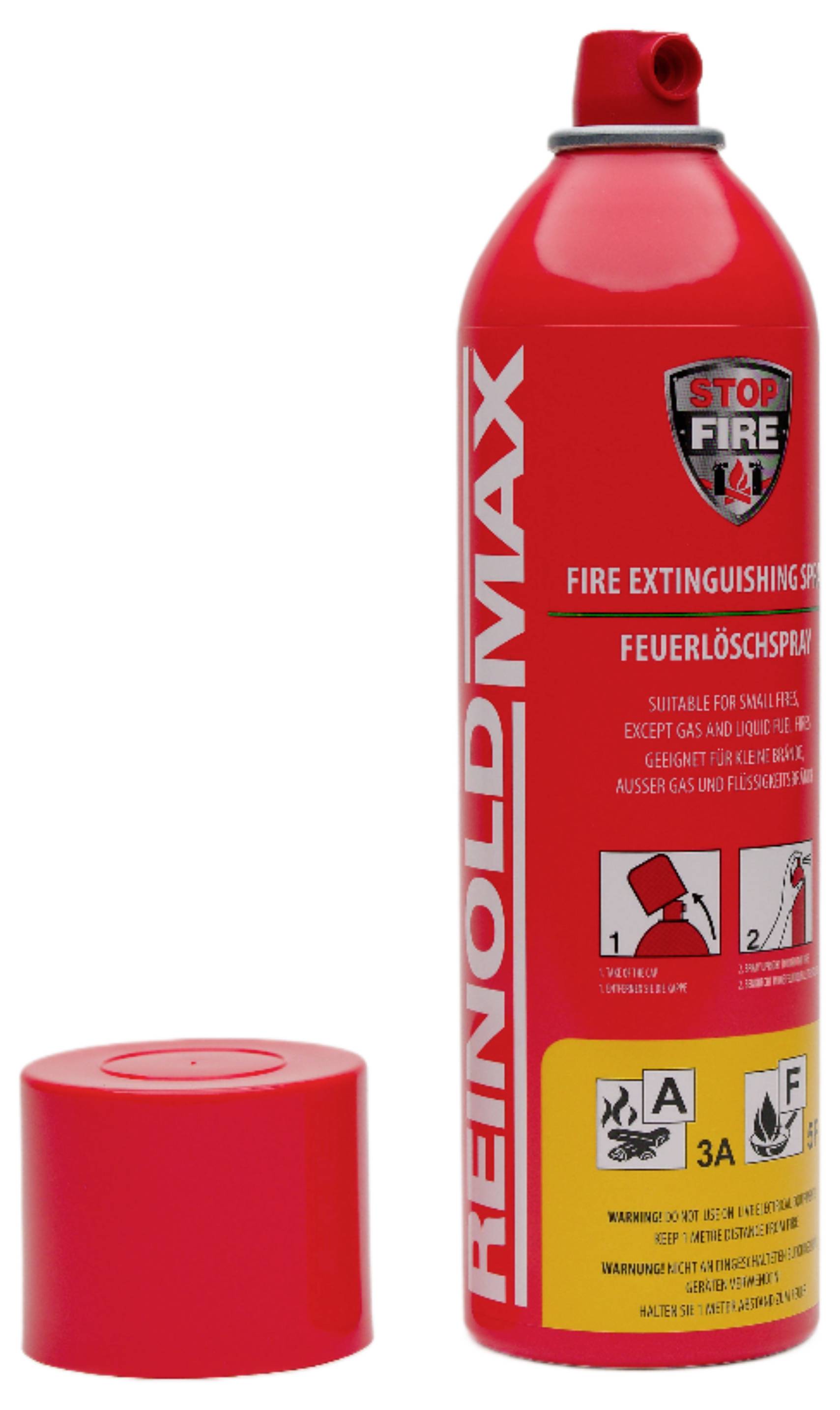 Roter Reinold Max Feuerlöscher mit separater roter Kappe auf weißem Hintergrund.