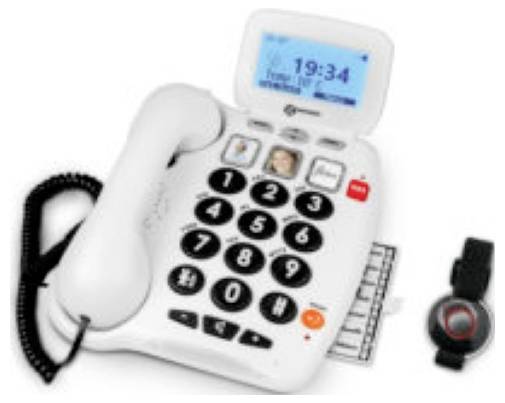 Weißes Schnurtelefon mit digitaler Anzeige und großen Tasten, neben einer Armbanduhr auf weißem Hintergrund dargestellt.