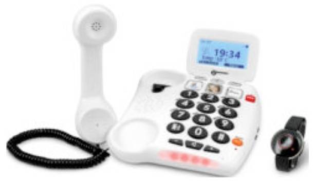 Weißes schnurgebundenes Landline-Telefon mit großen Tasten und Display, das 19:34 anzeigt, daneben eine schwarze Armbanduhr.