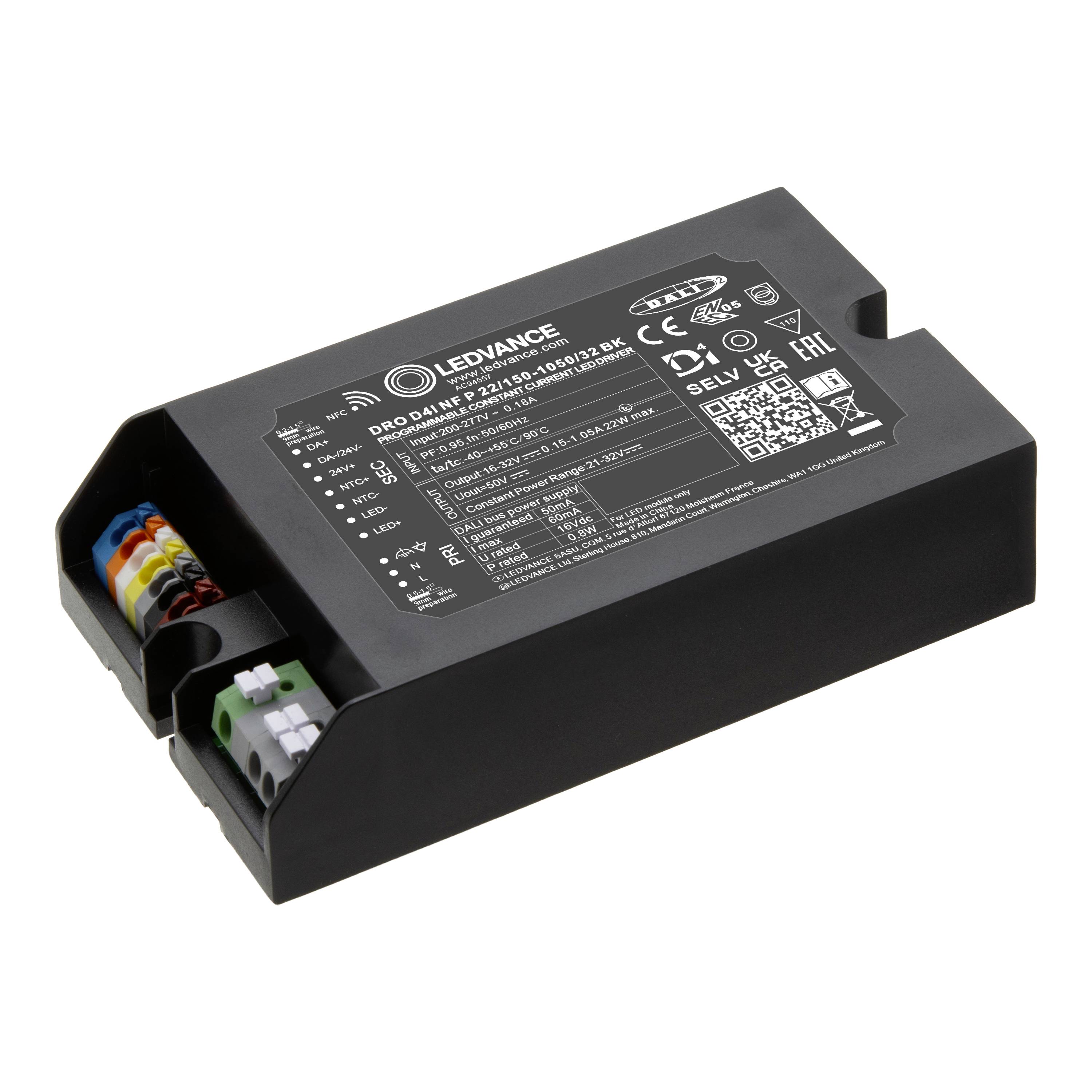 Schwarzes LED-Treiber-Netzteilmodul mit beschrifteten Anschlüssen und Spezifikationen oben.