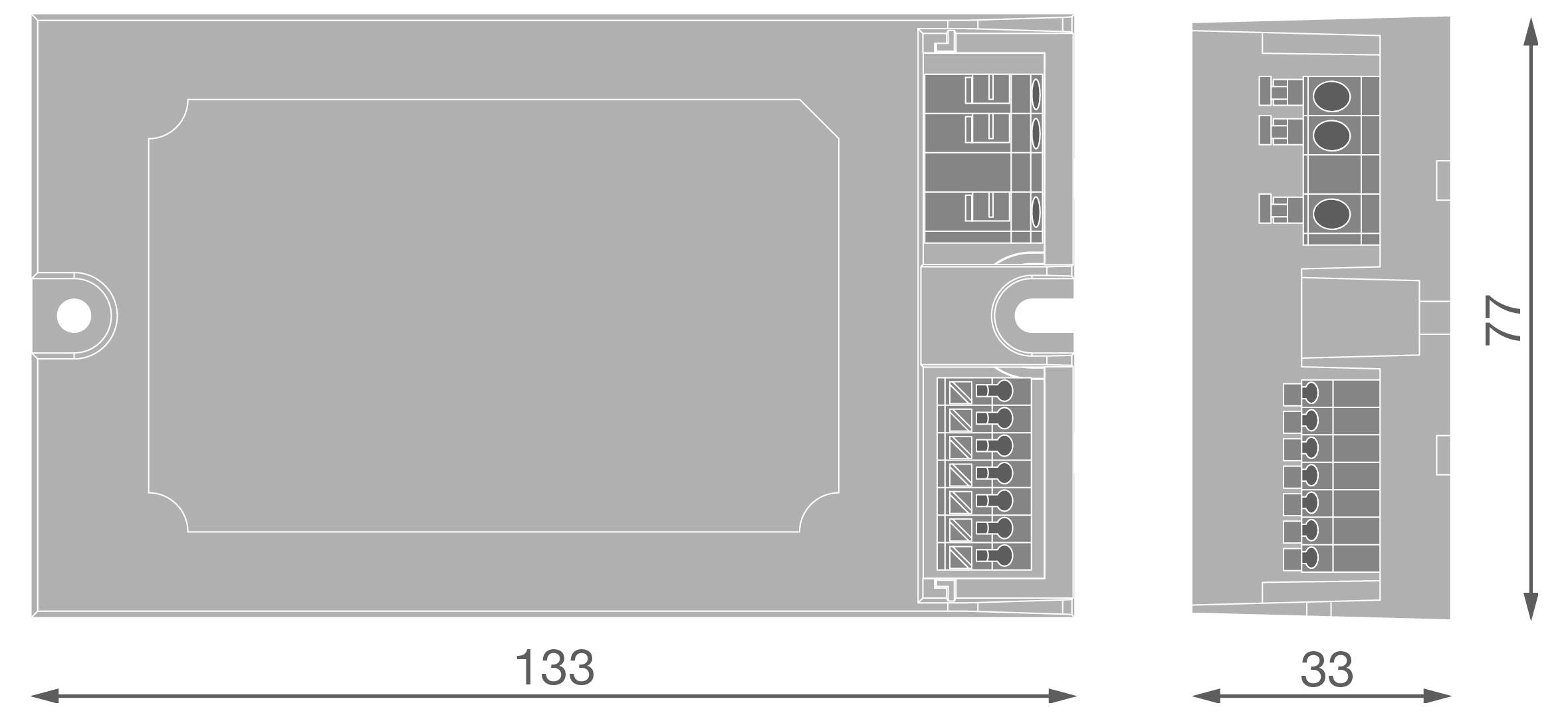 Technische Zeichnung eines rechteckigen Geräts mit den Maßen 133 x 77 und einer Tiefe von 33, mit Vorder-, Seiten- und Rückansichten mit Anschlussanschlüssen und Klemmenblöcken.