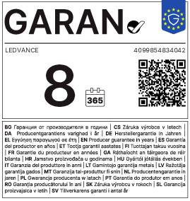 Produktetikett für GARAN LEDVANCE mit 8-jähriger Garantie, QR-Code und mehrsprachigem Garantietext.