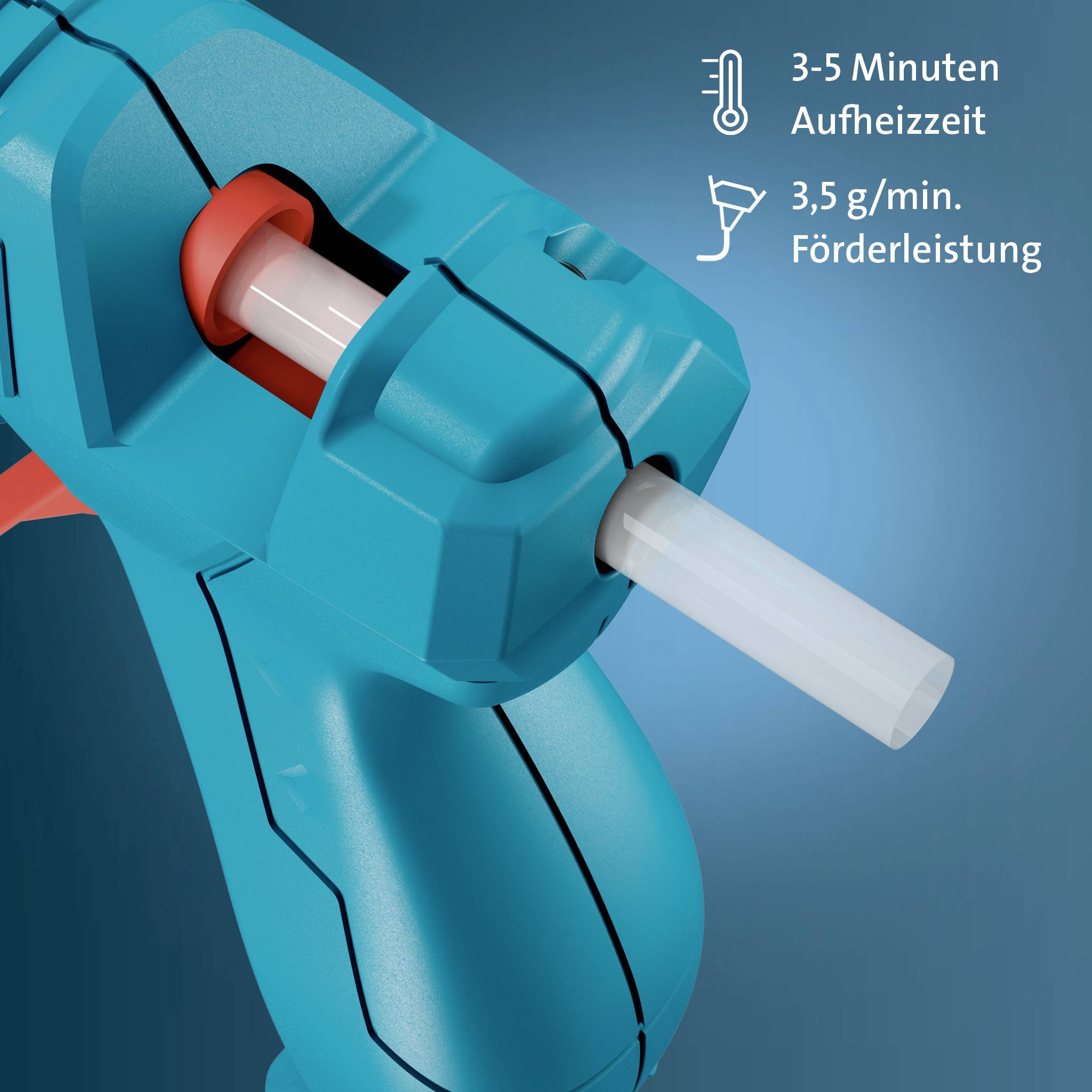 Blauer Heißklebepistole, die geschmolzenen Klebestift ausspritzt, mit deutschem Text: '3-5 Minuten Aufheizzeit' und '3,5 g/min. Förderleistung'.