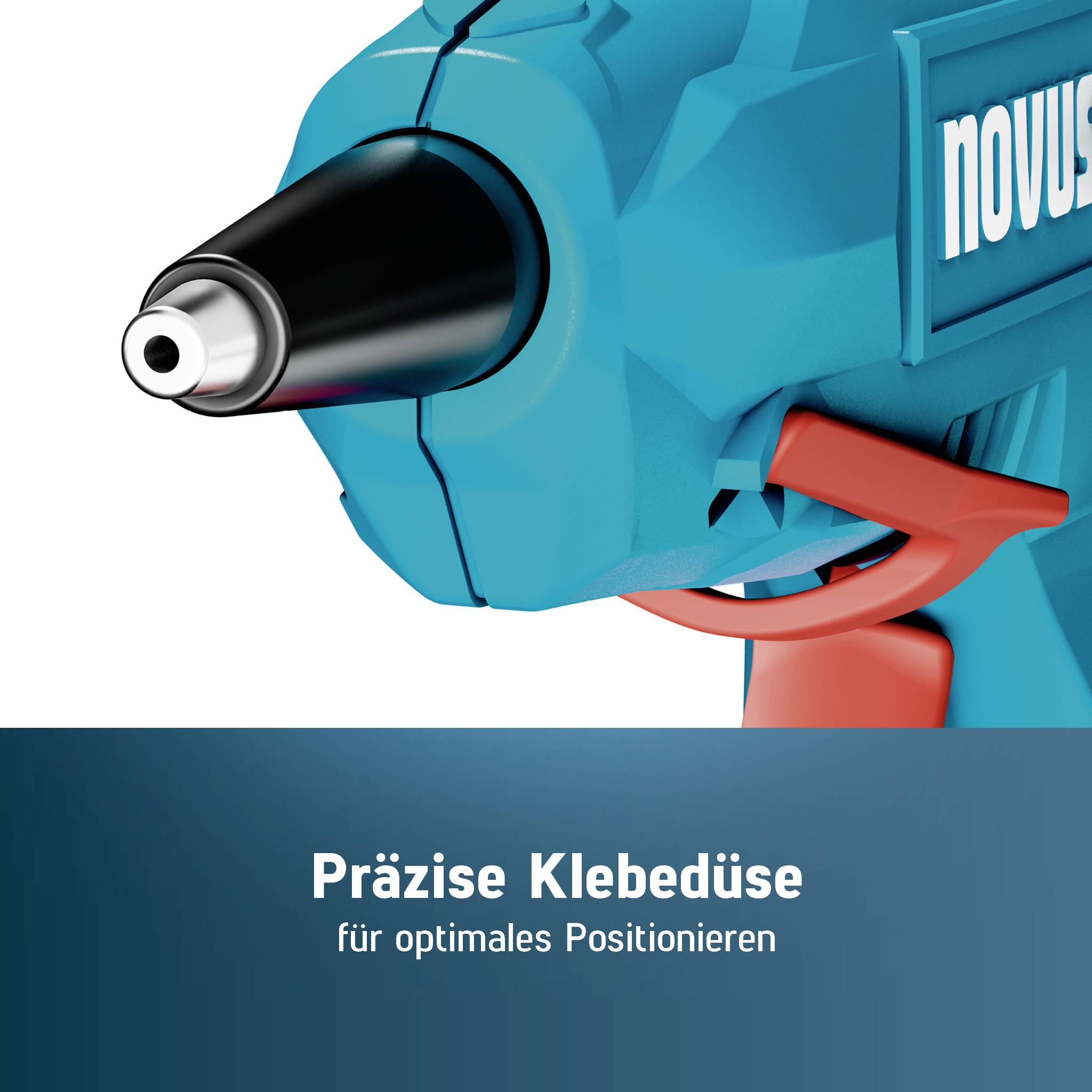 Nahaufnahme einer blauen Heißklebepistole mit deutschem Text „Präzise Klebedüse für optimales Positionieren" zur Förderung präziser Klebstoffanwendung.