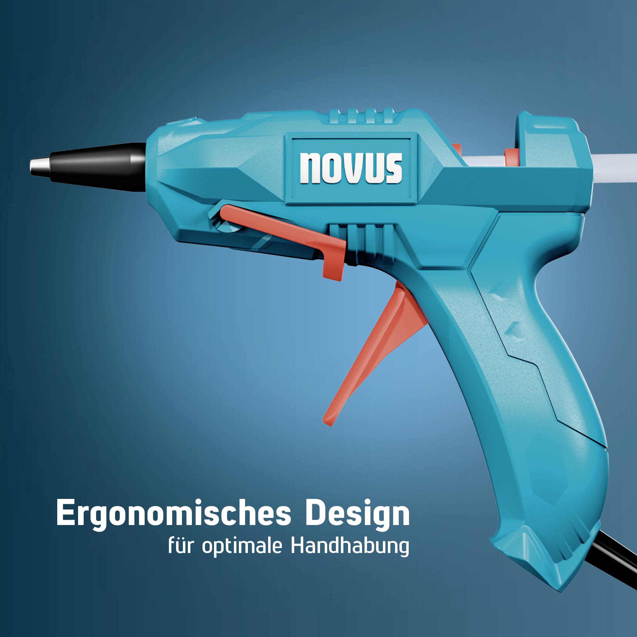 Blauangestrahlte und orange Heißklebepistole mit der Bezeichnung „novus" und deutschem Text „Ergonomisches Design für optimale Handhabung" auf blauem Hintergrund.