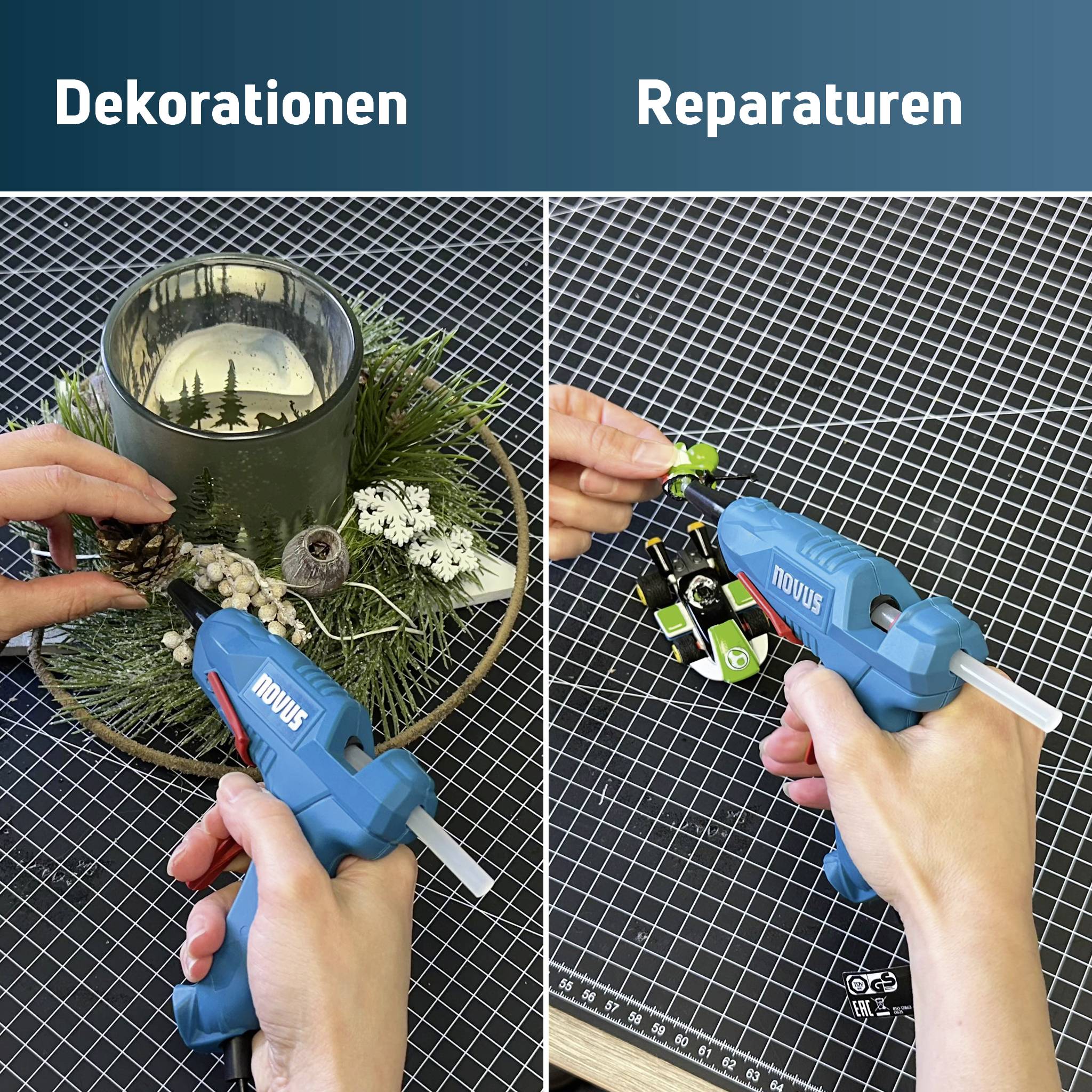 Gespaltenes Bild zum Vergleich von „Dekorationen" und „Reparaturen": links, eine Heißklebepistole verziert einen Kranz mit einer Kerze; rechts repariert sie ein kleines Spielzeug.