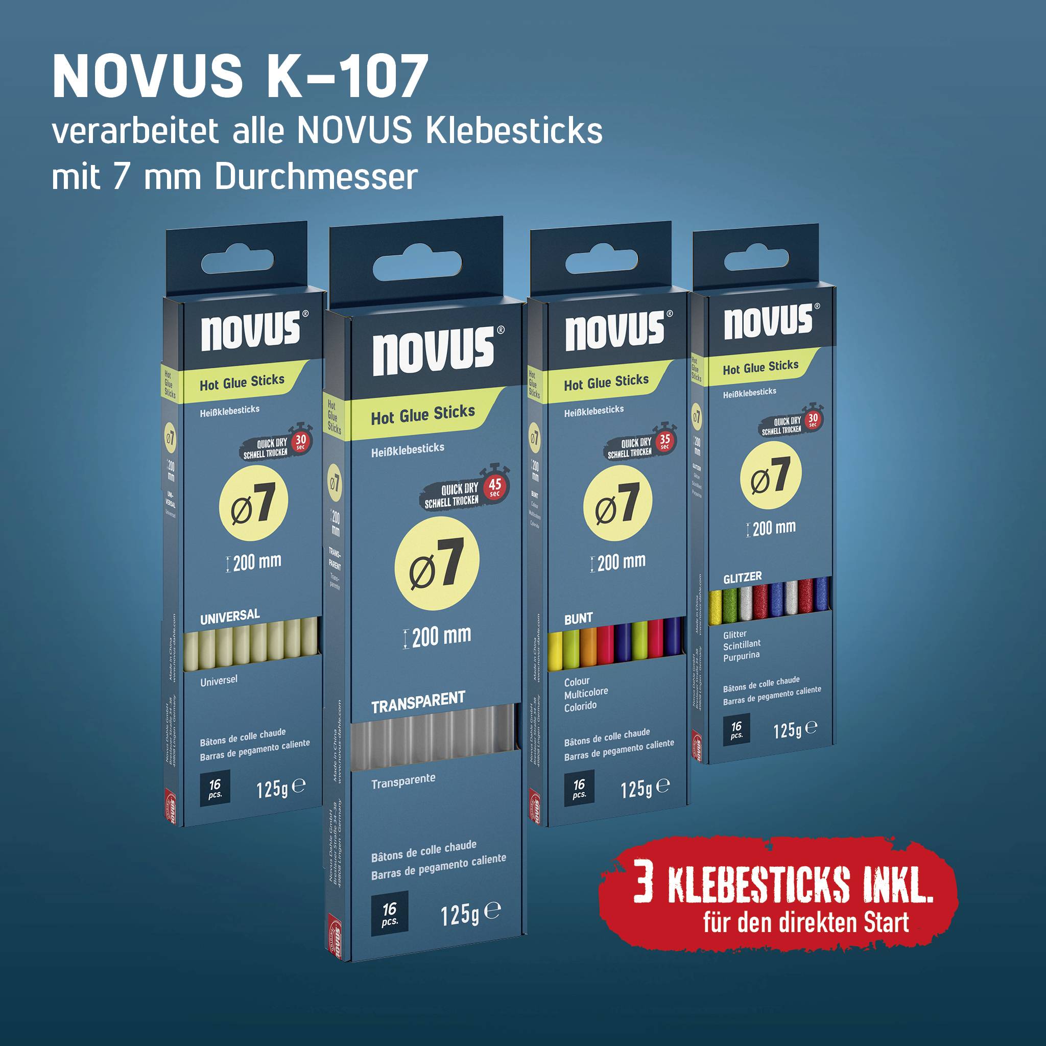 Werbung für NOVUS K-107 Heißklebestäbe mit 7 mm Durchmesser und 200 mm Länge, zeigt vier Packungen: Universal, Transparent, Farbmix und Glitter; enthält 3 Klebstäbe kostenlos zum sofortigen Start.