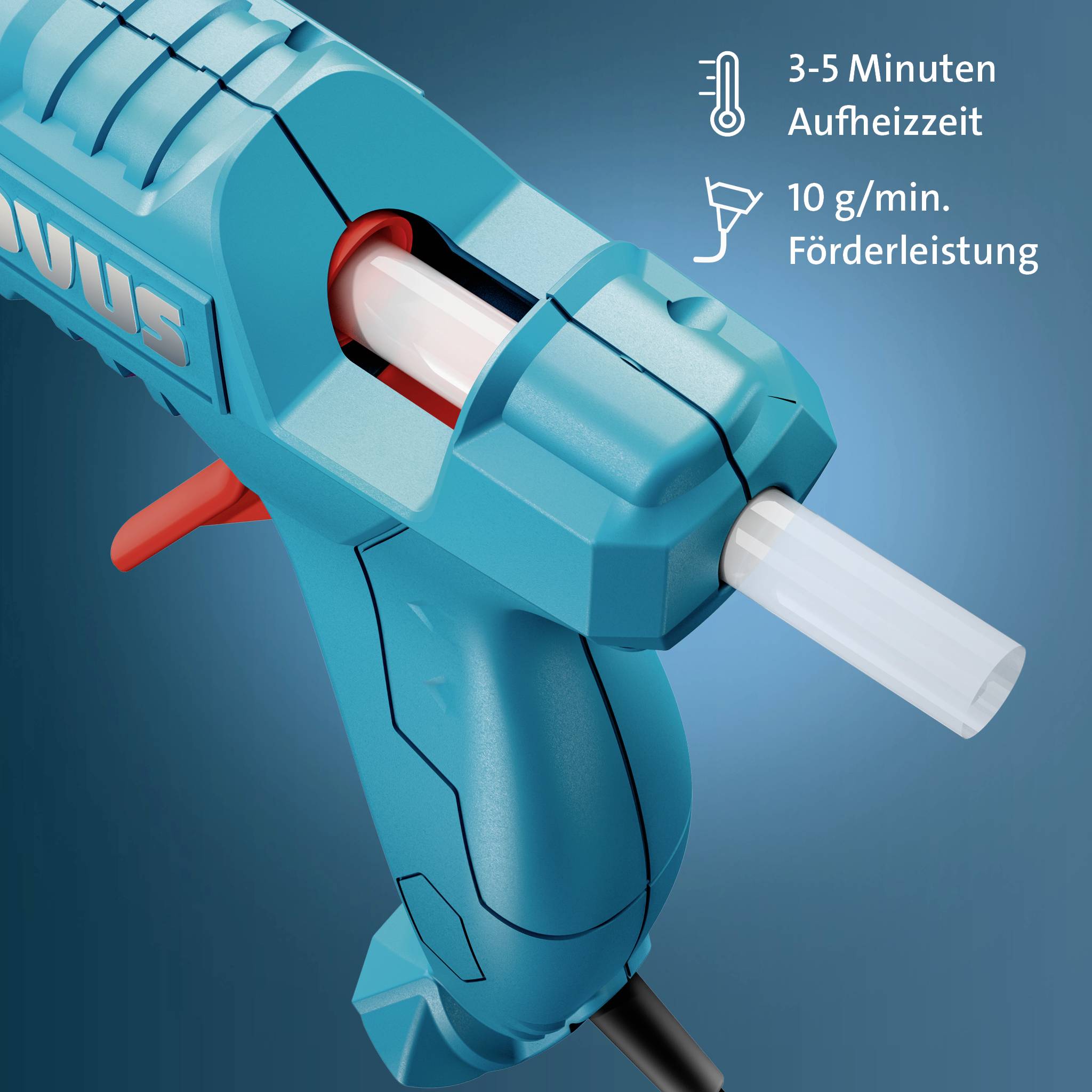 Blaupistolenförmiger Klebestift, der einen weißen Klebestift dispensiert, mit deutschem Text, der „3-5 Minuten Aufheizzeit" und „10 g/min. Förderleistung" angibt.