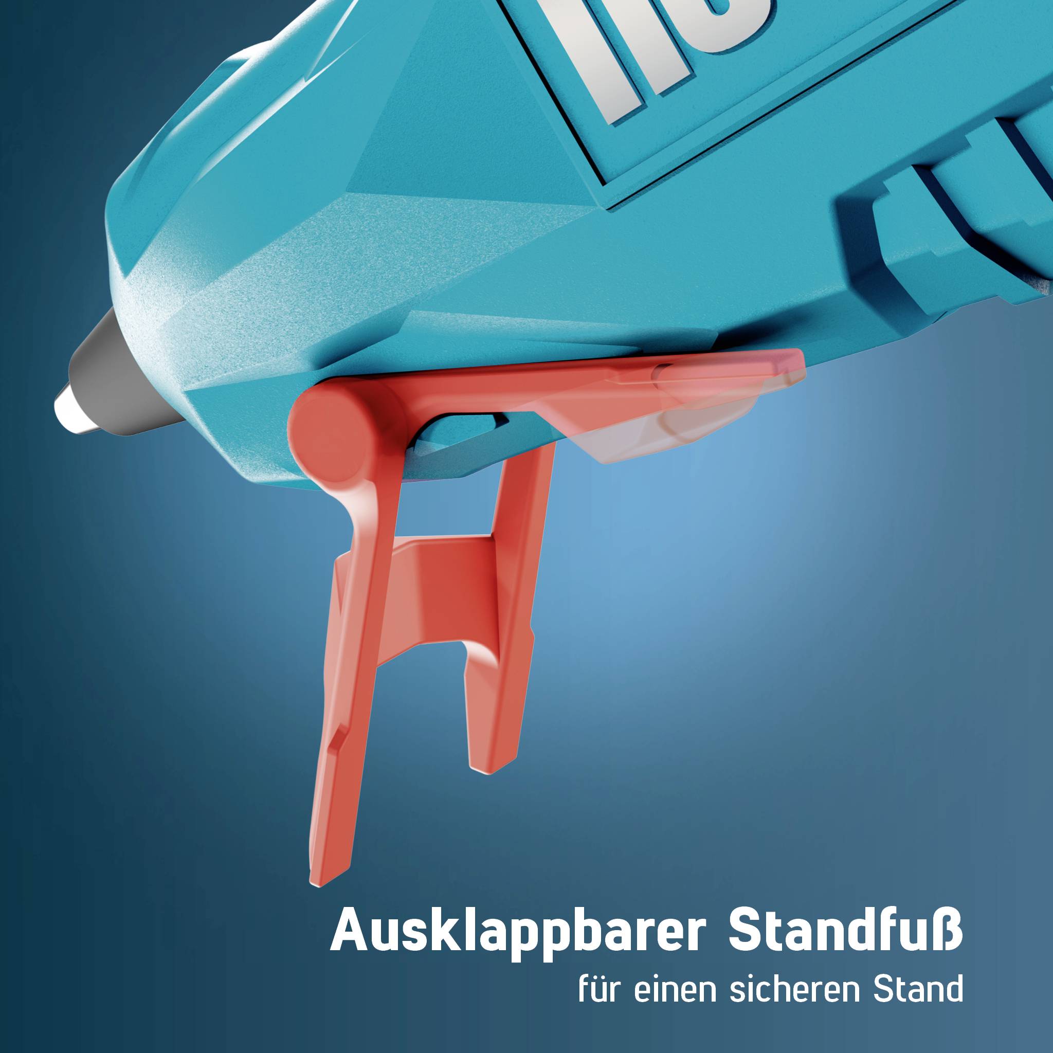 Nahaufnahme einer Heißklebepistole mit ausgeklapptem Standfuß mit der Beschriftung „Ausklappbarer Standfuß für einen sicheren Stand", die das Stützfuß zur Stabilität zeigt.