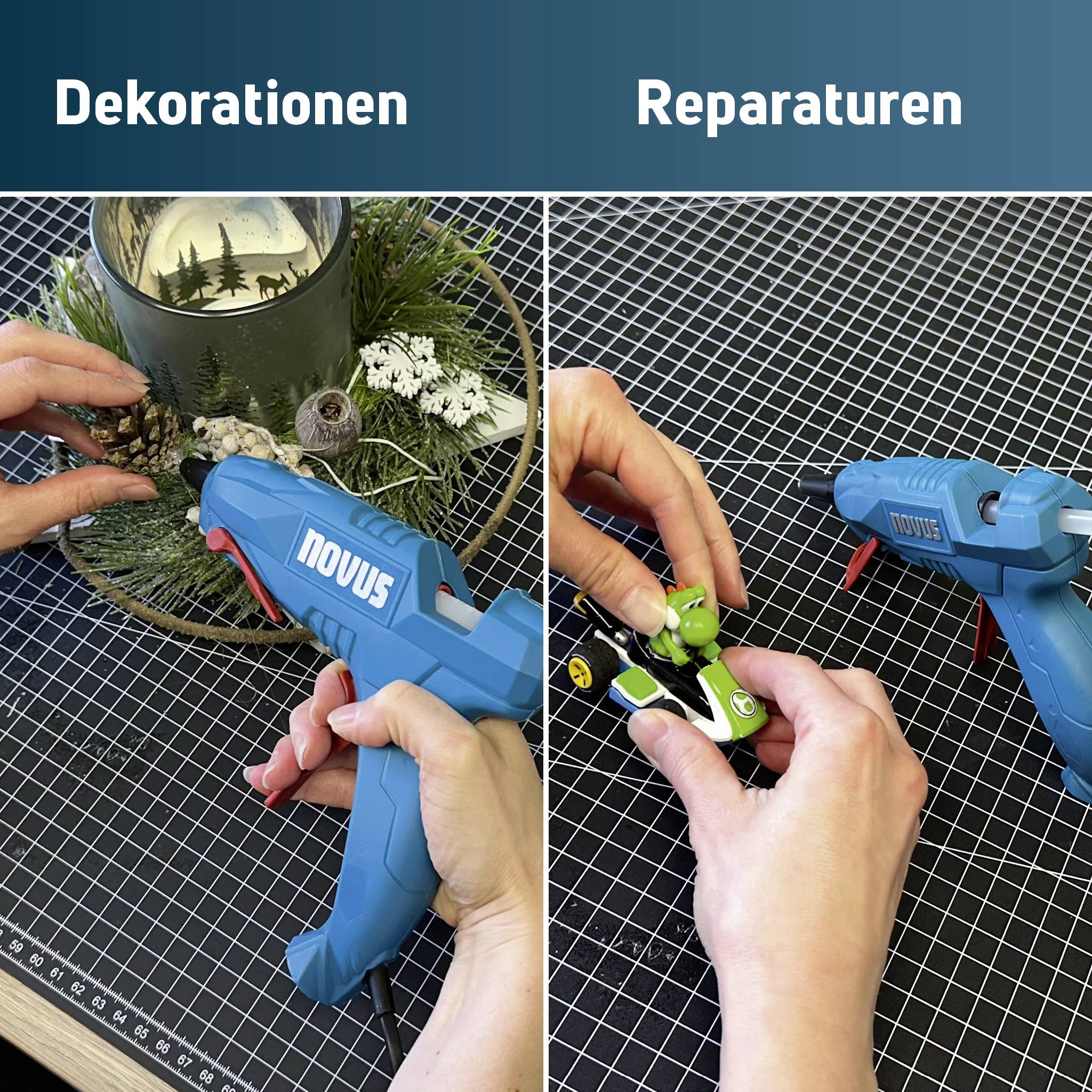 Geteiltes Bild, das eine Heißklebepistole zeigt, die für "Dekorationen" bei einem Blumenhandwerk und für "Reparaturen" bei einem kleinen Spielzeugauto verwendet wird.