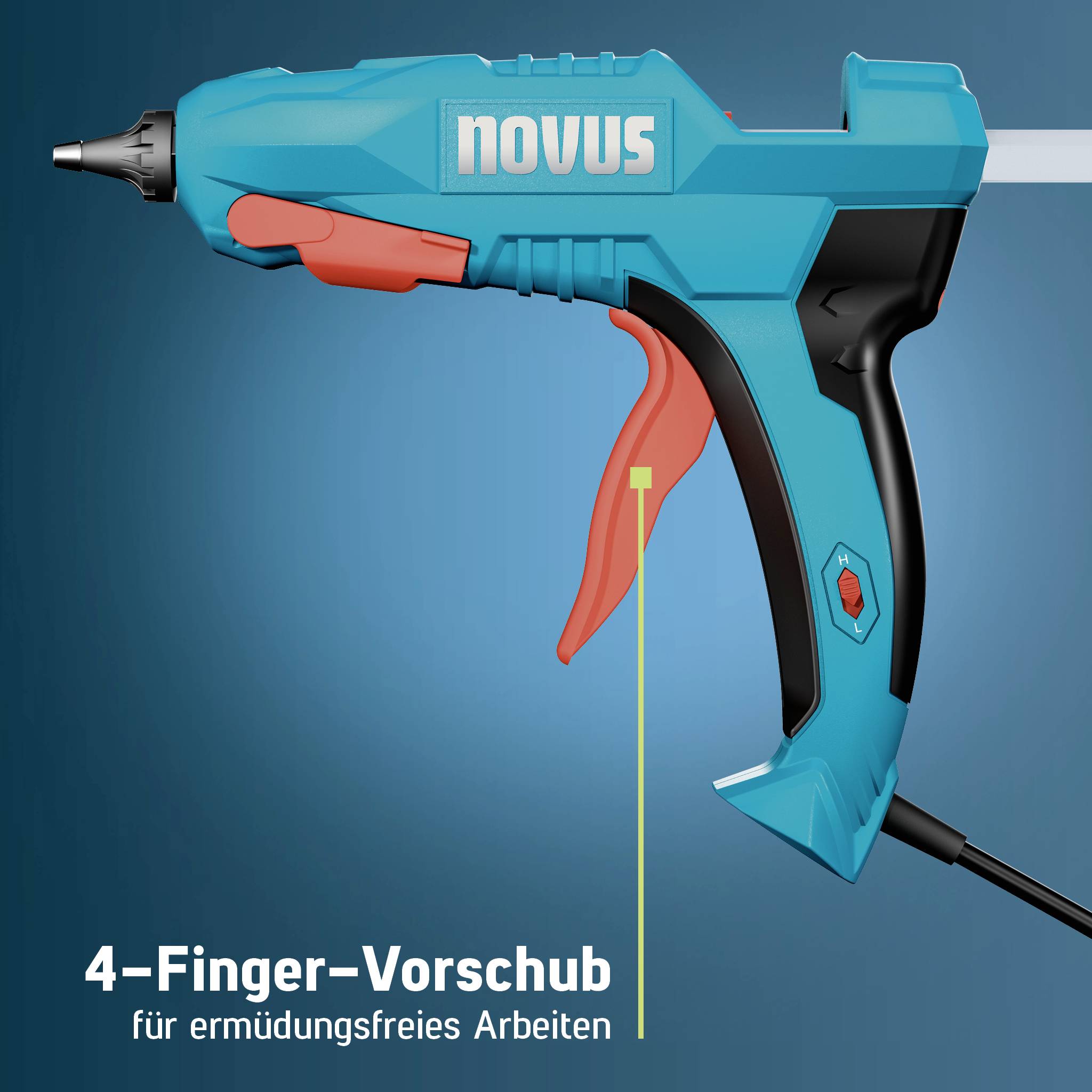 Blauer NOVUS Elektrotacker oder Elektronagel mit Kabel und orangefarbigem Abzug, abgebildet mit deutschem Text „4-Finger-Vorschub für ermüdungsfreies Arbeiten", der einen Vier-Finger-Abzug für ermüdungsfreies Arbeiten anzeigt.