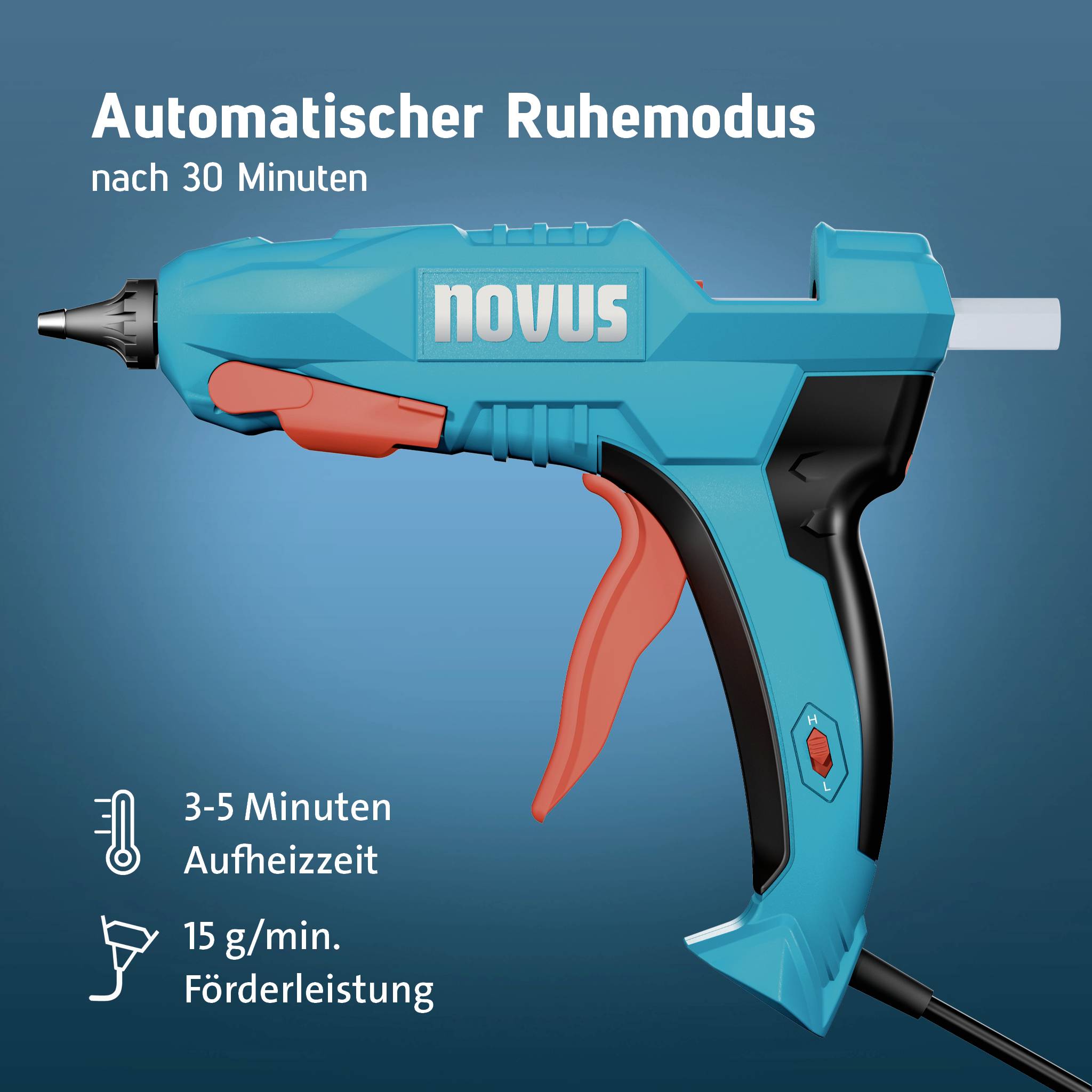 Blaugrauer NOVUS-Heißklebepistole mit der Aufschrift "Automatischer Ruhemodus nach 30 Minuten" mit Symbolen für 3-5 Minuten Aufwärmzeit und 15 g/min Zufuhrgeschwindigkeit.