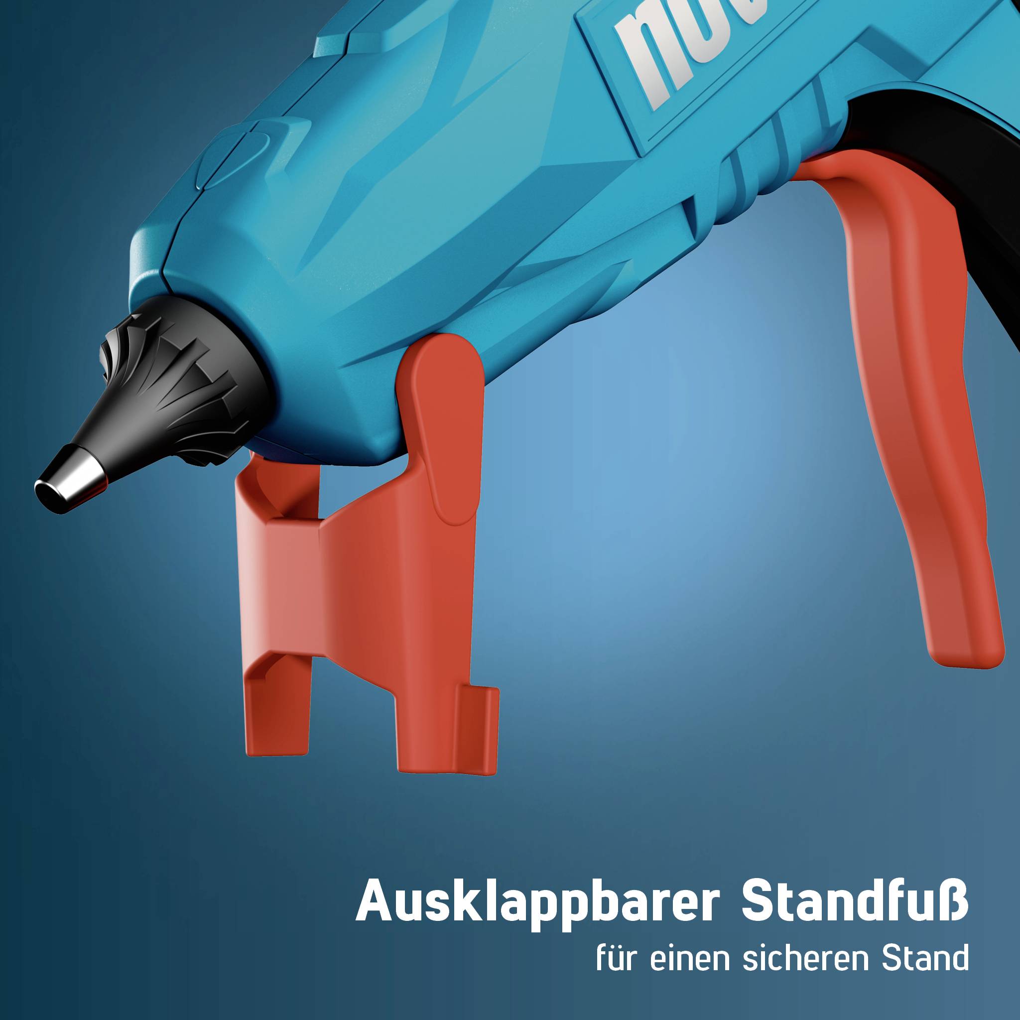 Nahaufnahme einer blauen Heißklebepistole mit einem roten ausklappbaren Standfuß, beschriftet mit „Ausklappbarer Standfuß" und „für einen sicheren Stand" für sichere Stabilität.