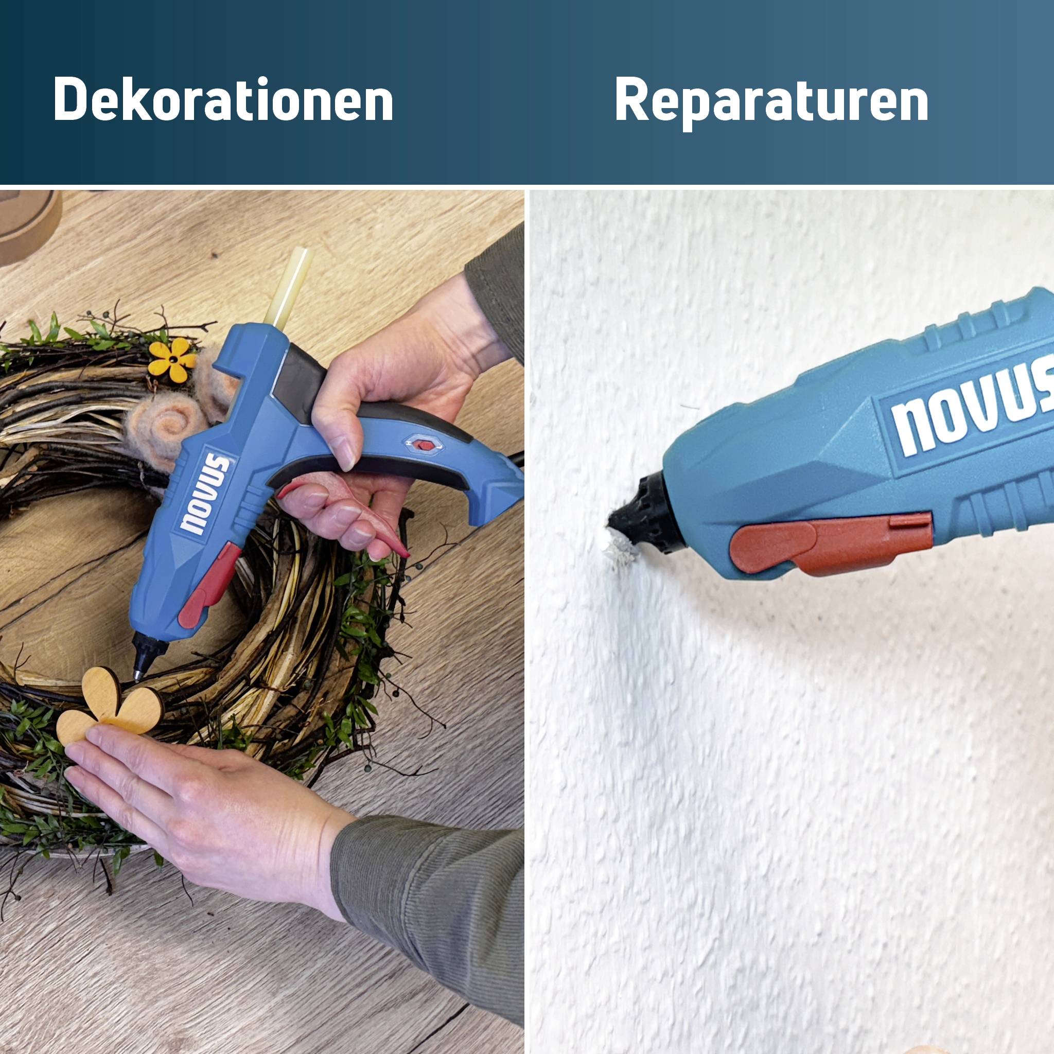 Geteiltes Bild, das eine Heißklebepistole zeigt, die zum Herstellen von „Dekorationen" bei der Herstellung eines Kranzes und zum Durchführen von „Reparaturen" beim Auftragen von Kleber auf eine Wand verwendet wird.