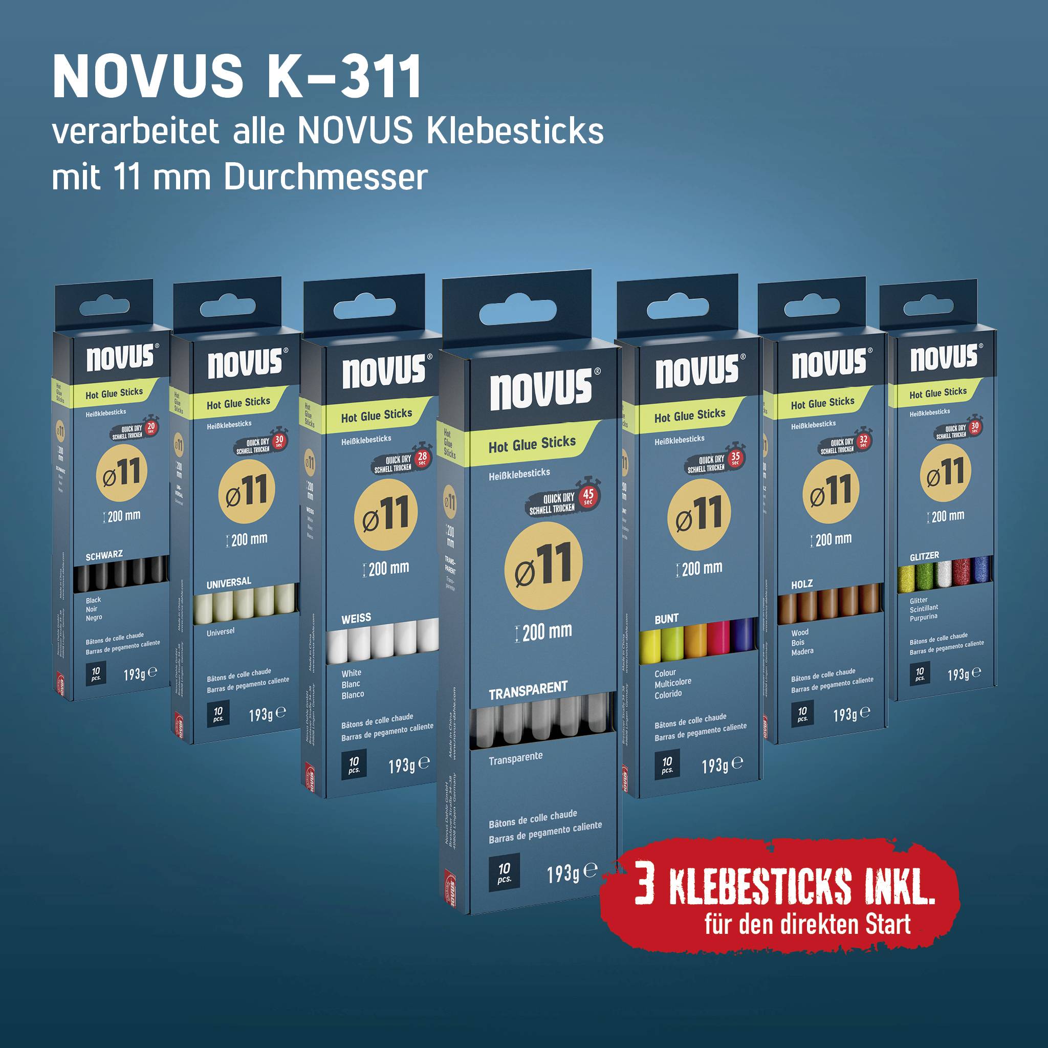 NOVUS K-311 Heißklebestäbe-Serie, 11 mm Durchmesser, shown in multiple pack variants mit einem roten Etikett, das besagt "3 KLEBESTICKS INKL. für den direkten Start".