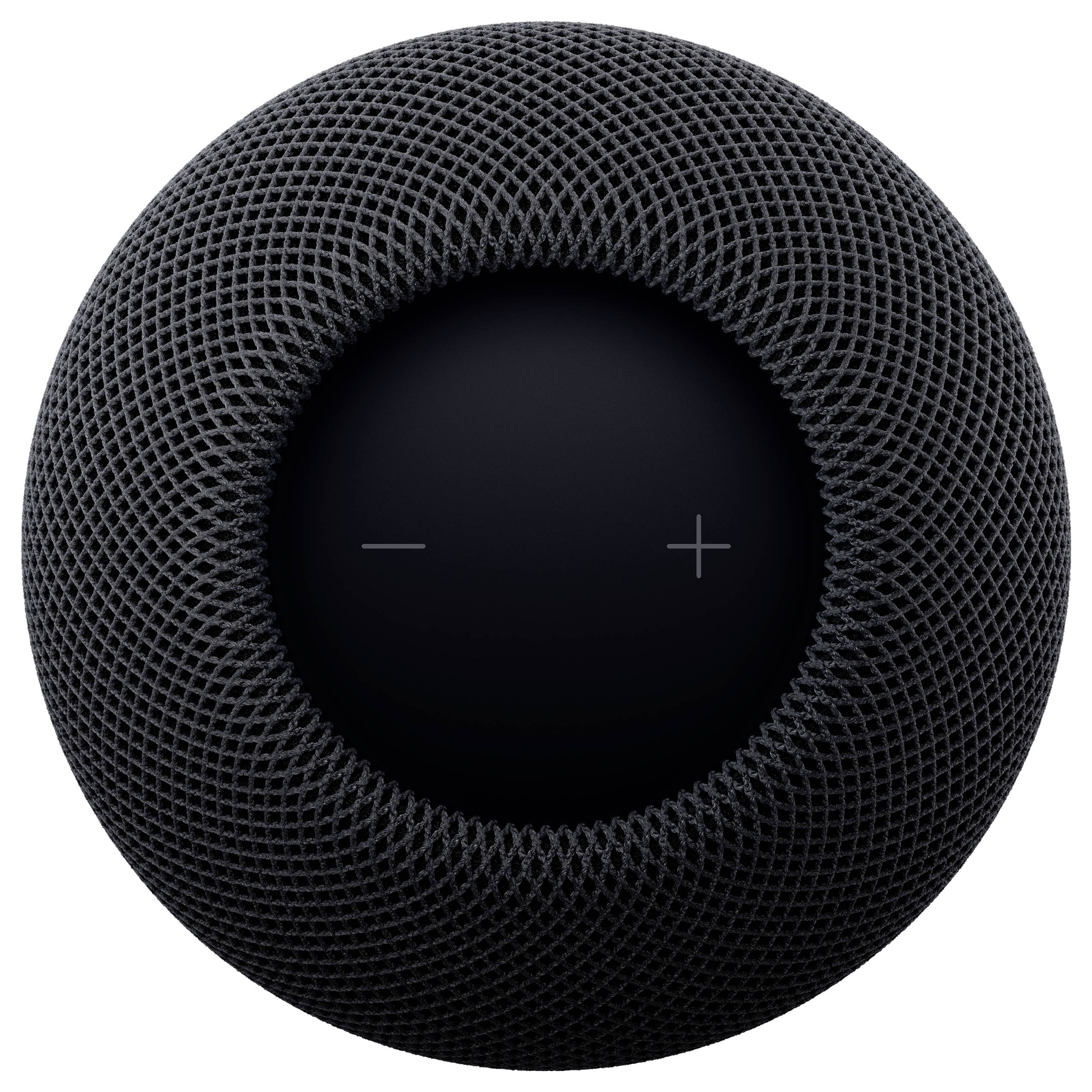 Draufsicht auf einen schwarzen kugelförmigen Smart Speaker mit Mesh-Gehäuse und Touch-Bedienfeldern mit Minus- und Plus-Symbolen.