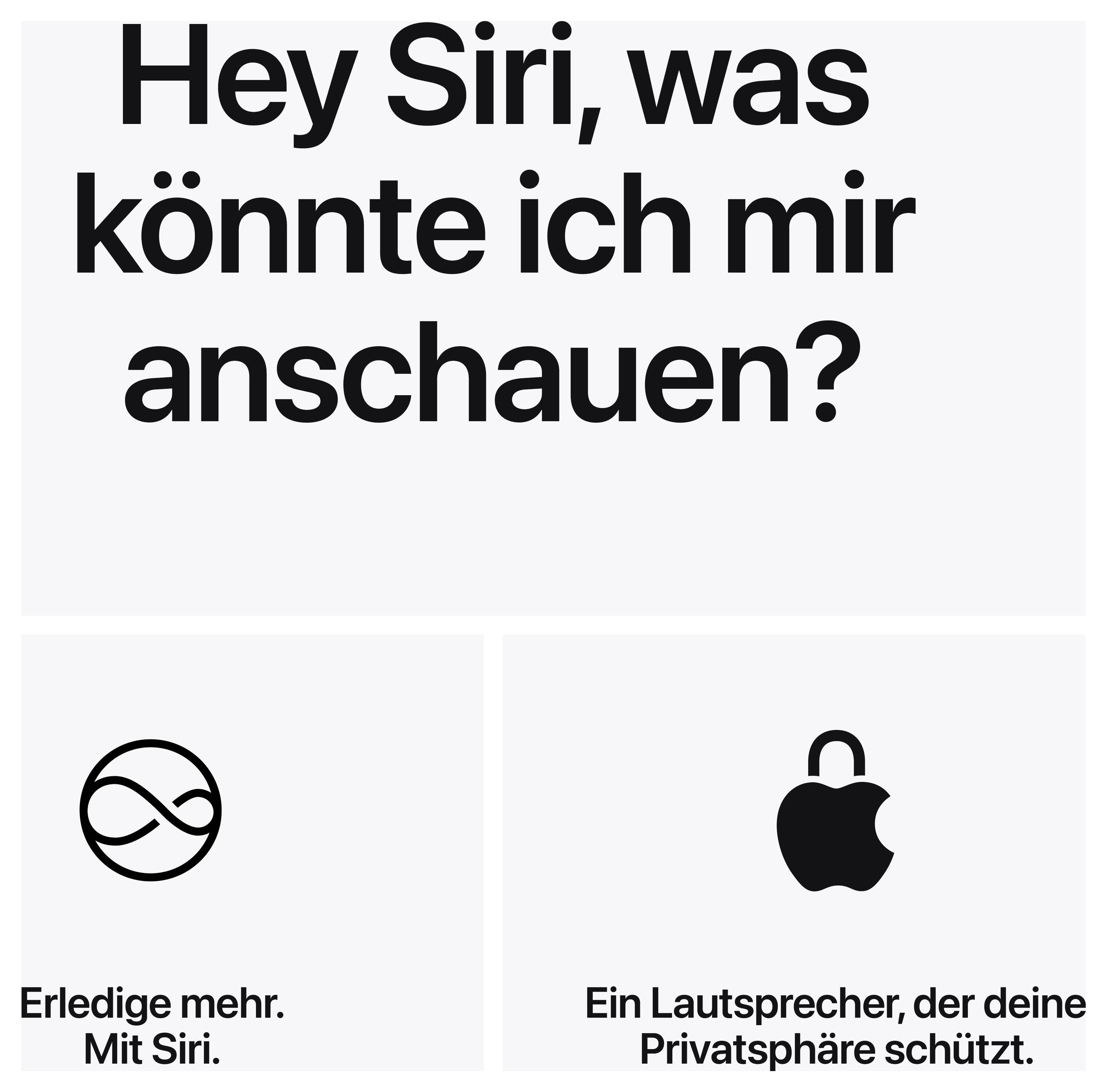 Werbeanzeige mit der Frage 'Hey Siri, was könnte ich mir anschauen?' und zwei Kacheln: links 'Erledige mehr. Mit Siri.', rechts ein Apple-Lautsprecher, der die Privatsphäre schützt.