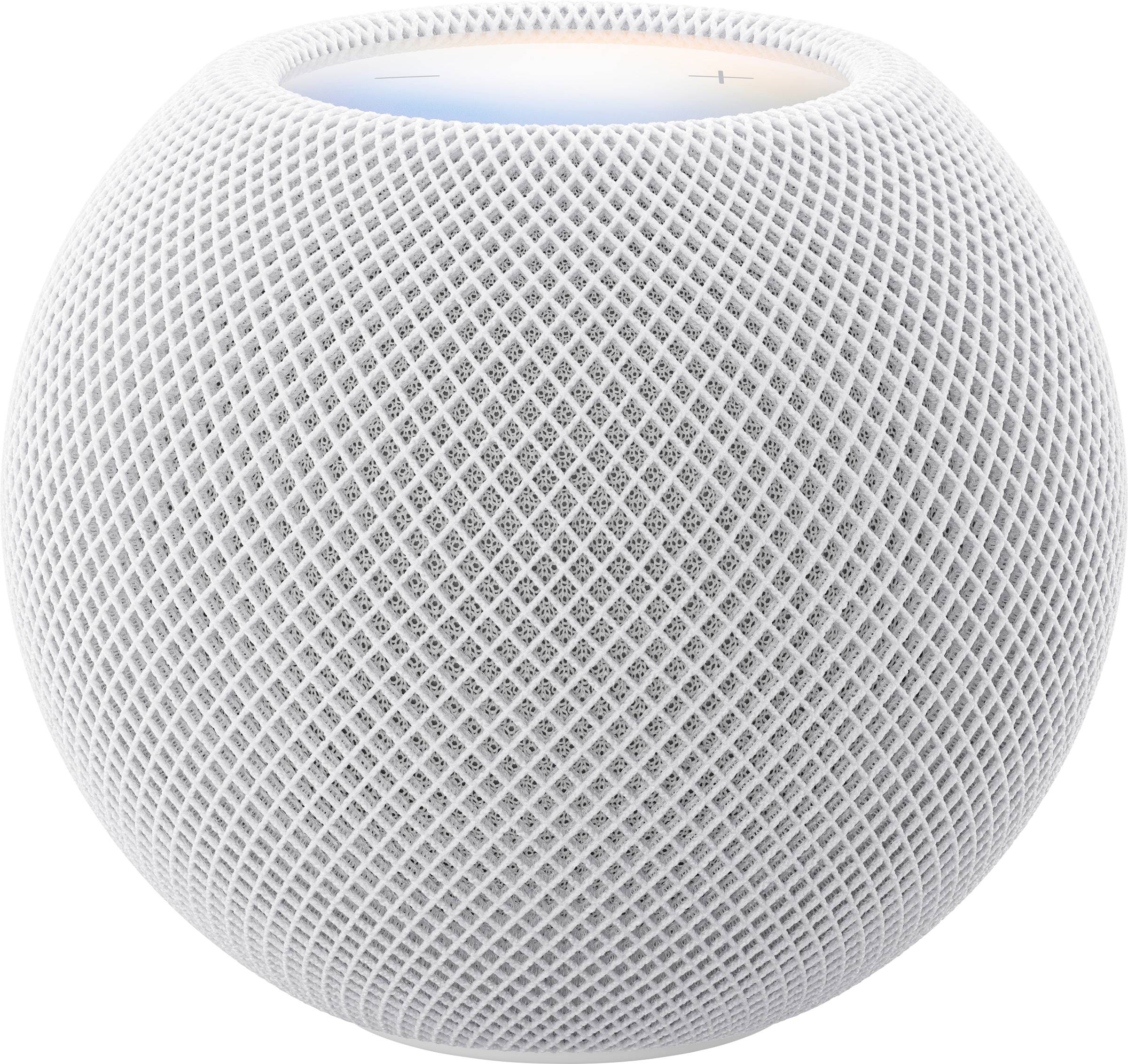 Weißer kugelförmiger intelligenter Lautsprecher mit perforiertem Mesh-Außenbereich und einer leuchtenden Touchoberfläche oben.