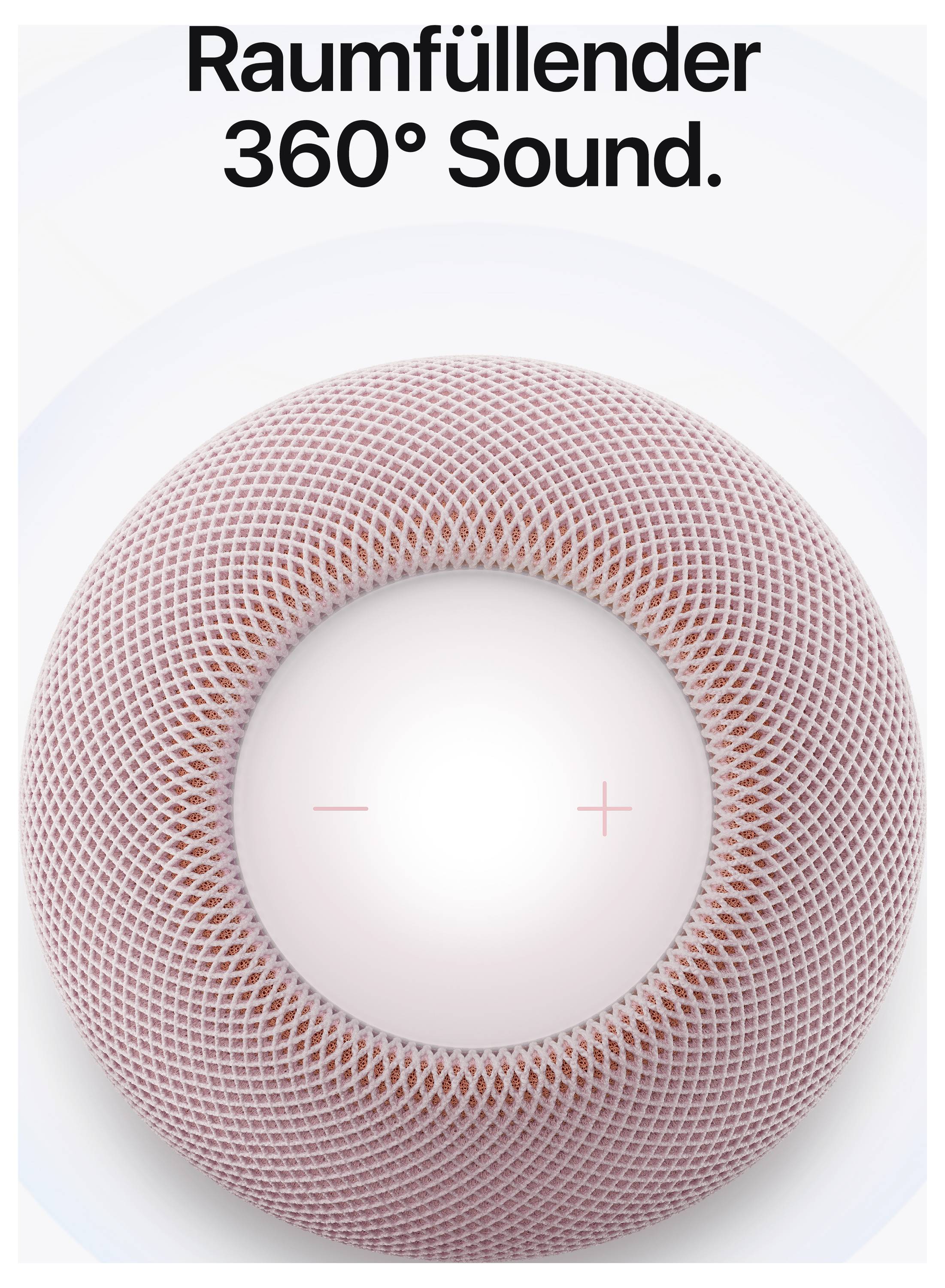 Werbegrafik mit der Aufschrift 'Raumfüllender 360° Sound.' und einer ringförmigen Lautsprecher- oder Netzstruktur in der Mitte auf hellem Hintergrund.