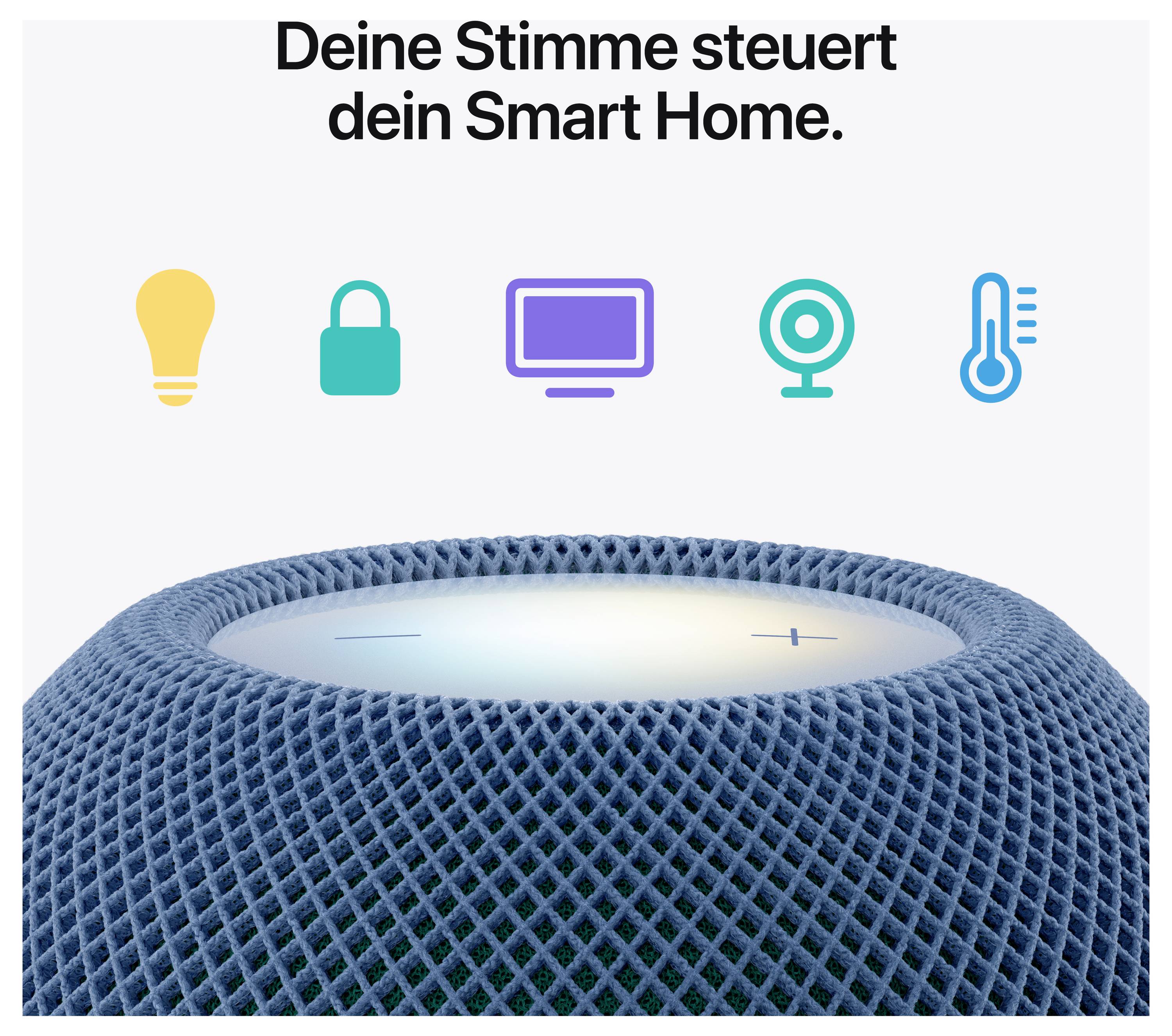 Werbeanzeige für einen Smart-Speaker: Text 'Deine Stimme steuert dein Smart Home.' mit Symbolen für Licht, Schloss, Bildschirm, Kamera und Thermostat.
