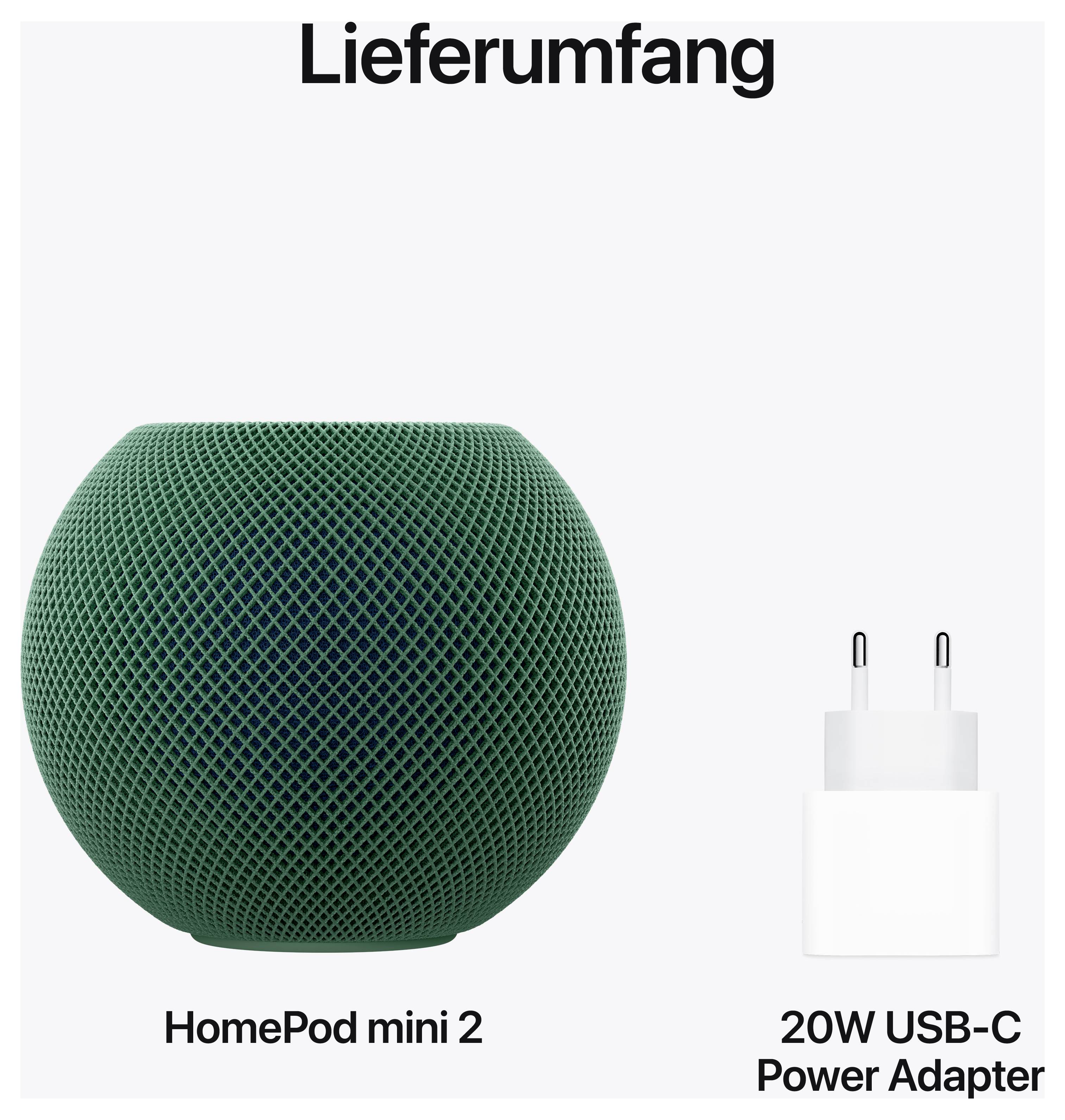 Lieferumfang: grüner HomePod mini 2 und 20-W-USB-C-Netzteil.