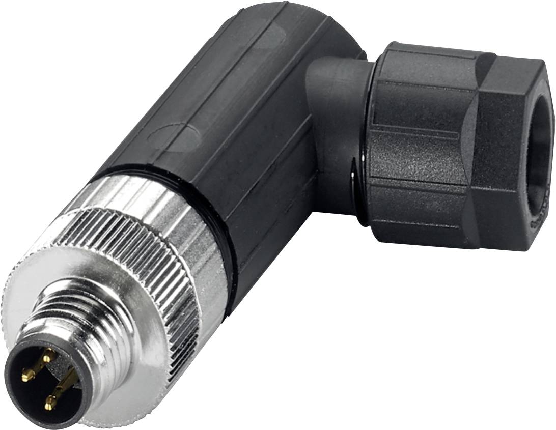 Rechtwinkliger Rundstecker-Adapter mit schwarzem Kunststoffgehäuse und Metallgewinde, auf weißem Hintergrund dargestellt.