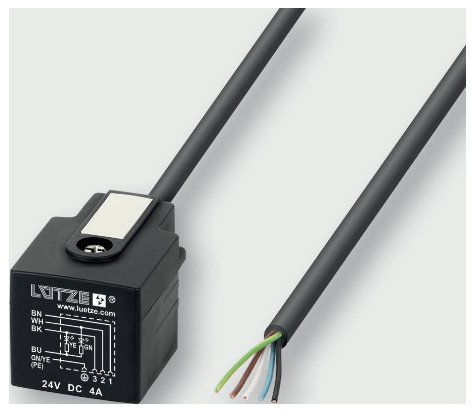 Eine schwarze Lütze 24V DC 4A Elektroverbindungskiste mit angeschlossenem Kabel, dargestellt mit freigelegten farbigen Drahtenden auf der rechten Seite.