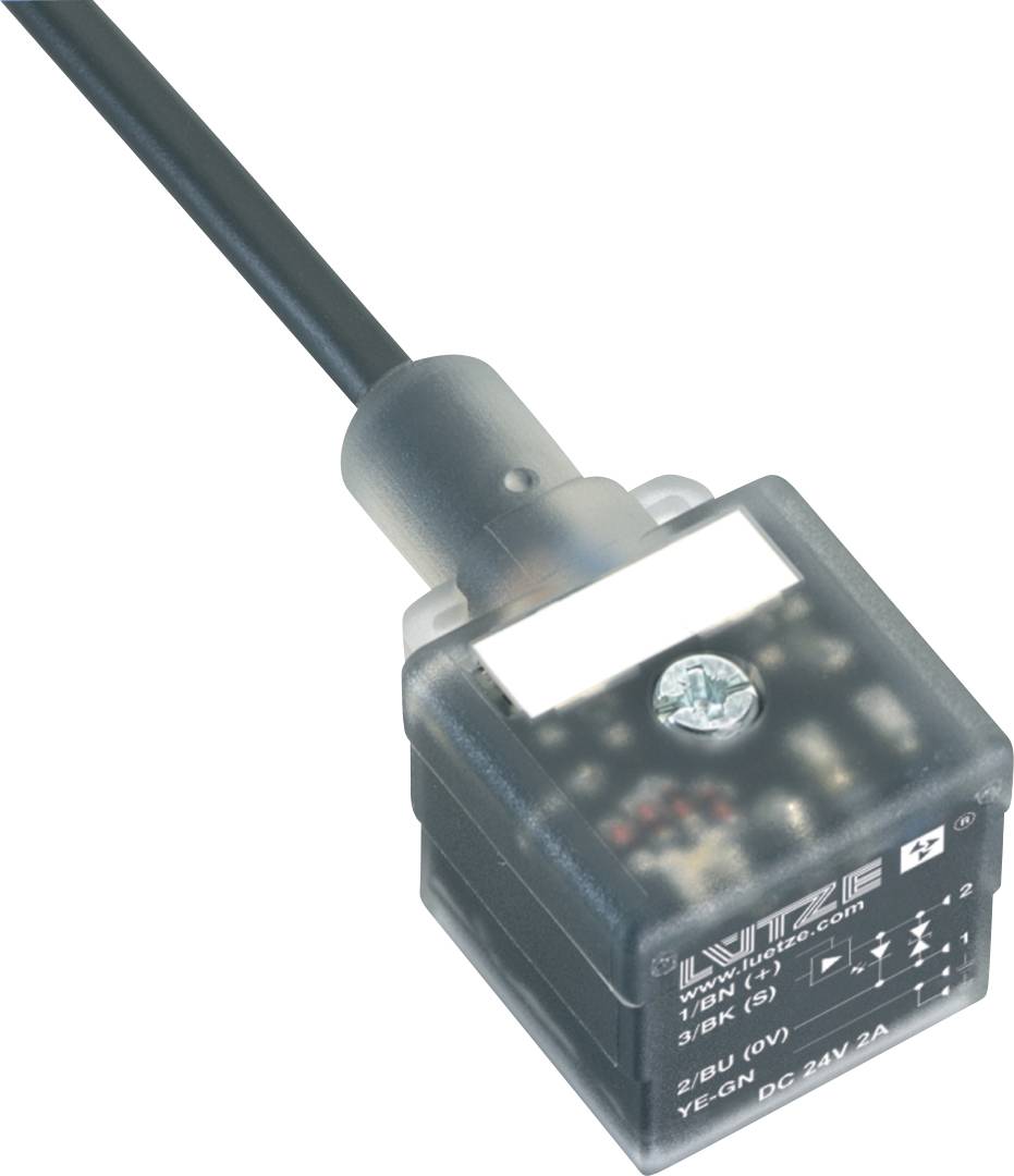 Nahaufnahme eines schwarzen elektronischen Sensors oder Steuermoduls, das an einem Kabel befestigt ist, mit beschrifteter Vorderseite und Anzeigeunster auf weißem Hintergrund.